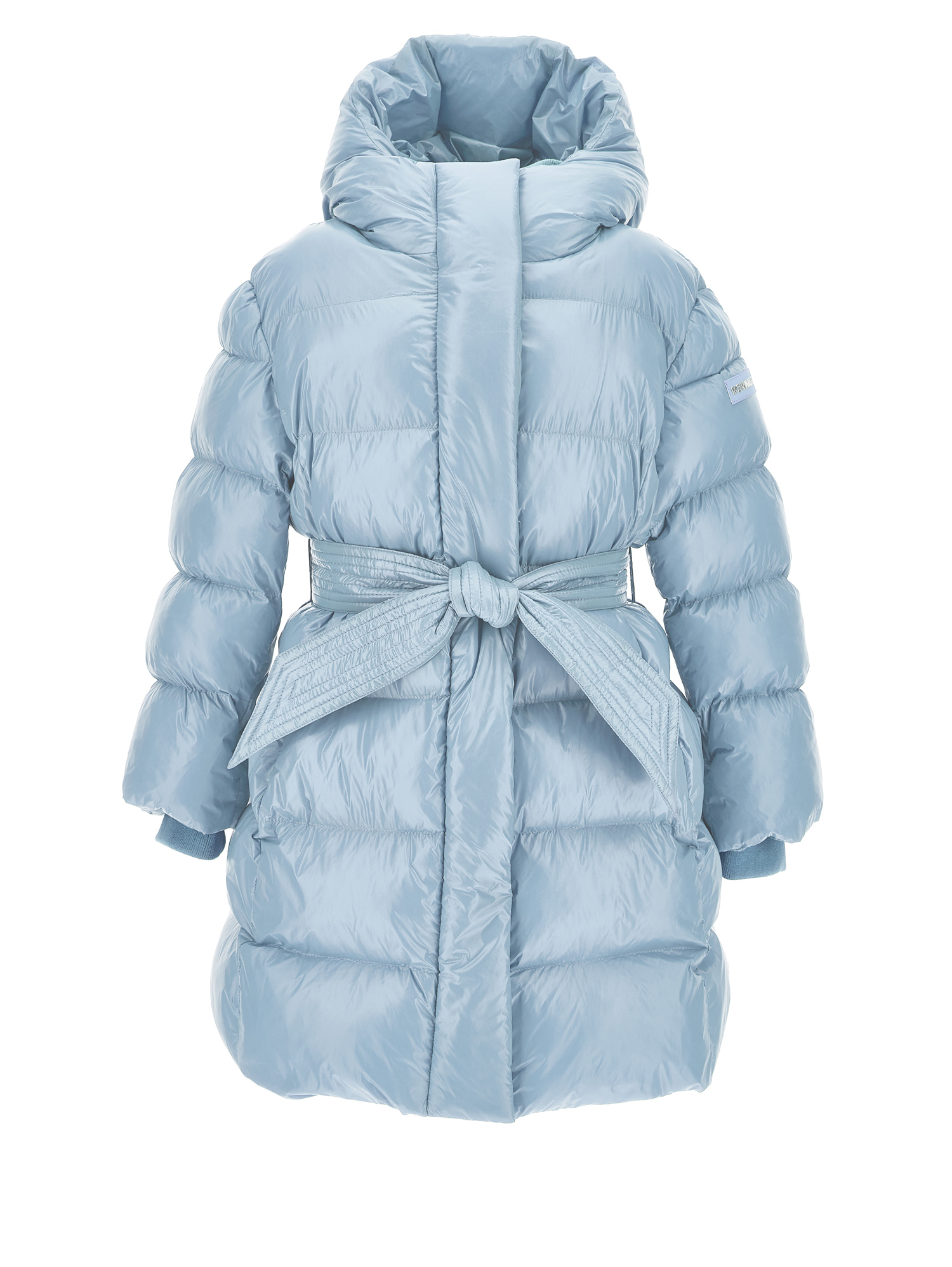 Monnalisa Padded Coat With Ribbon Belt In Bubble Blue