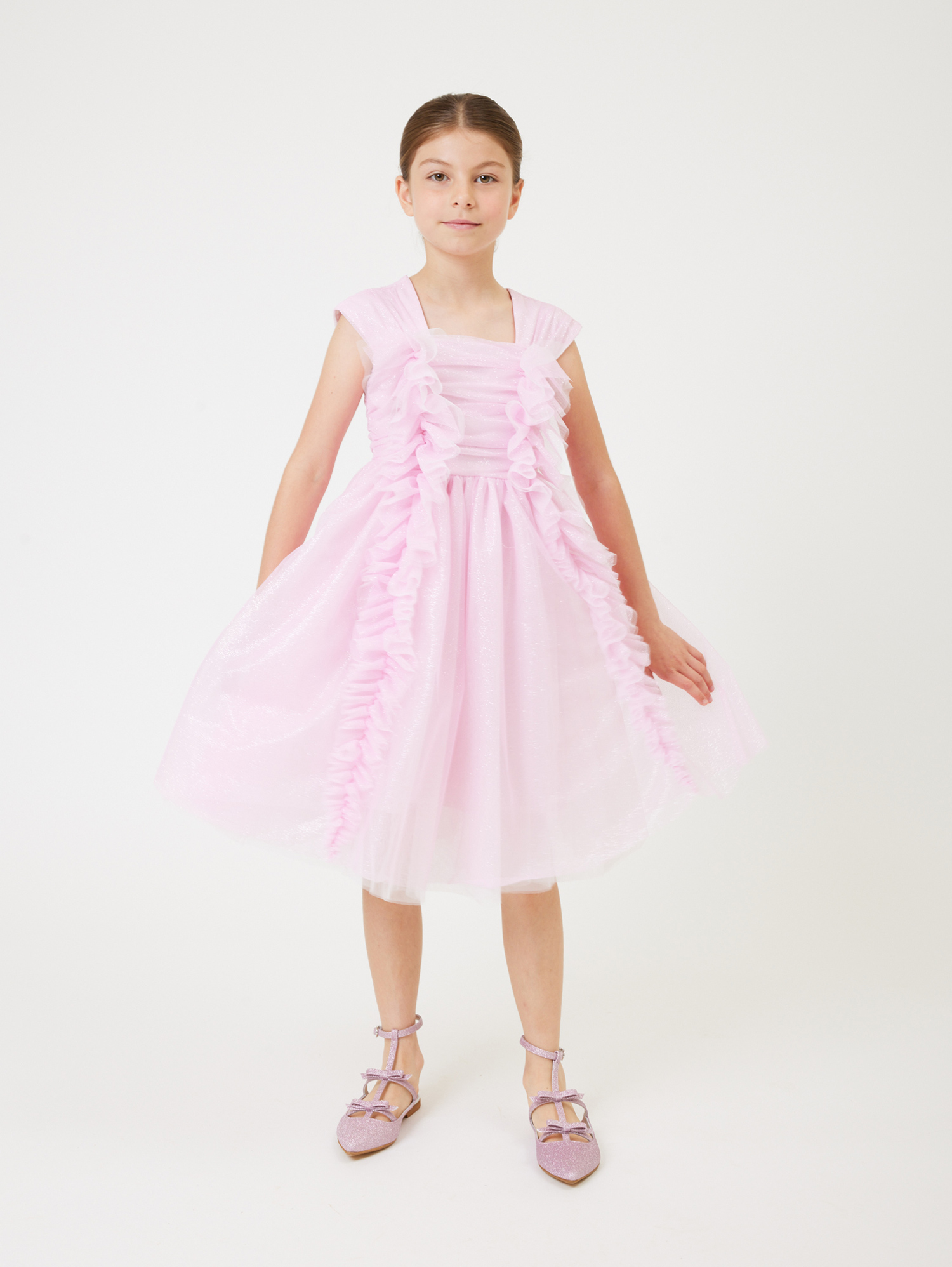 Monnalisa Glitter Tulle Dress In Pink + Silver