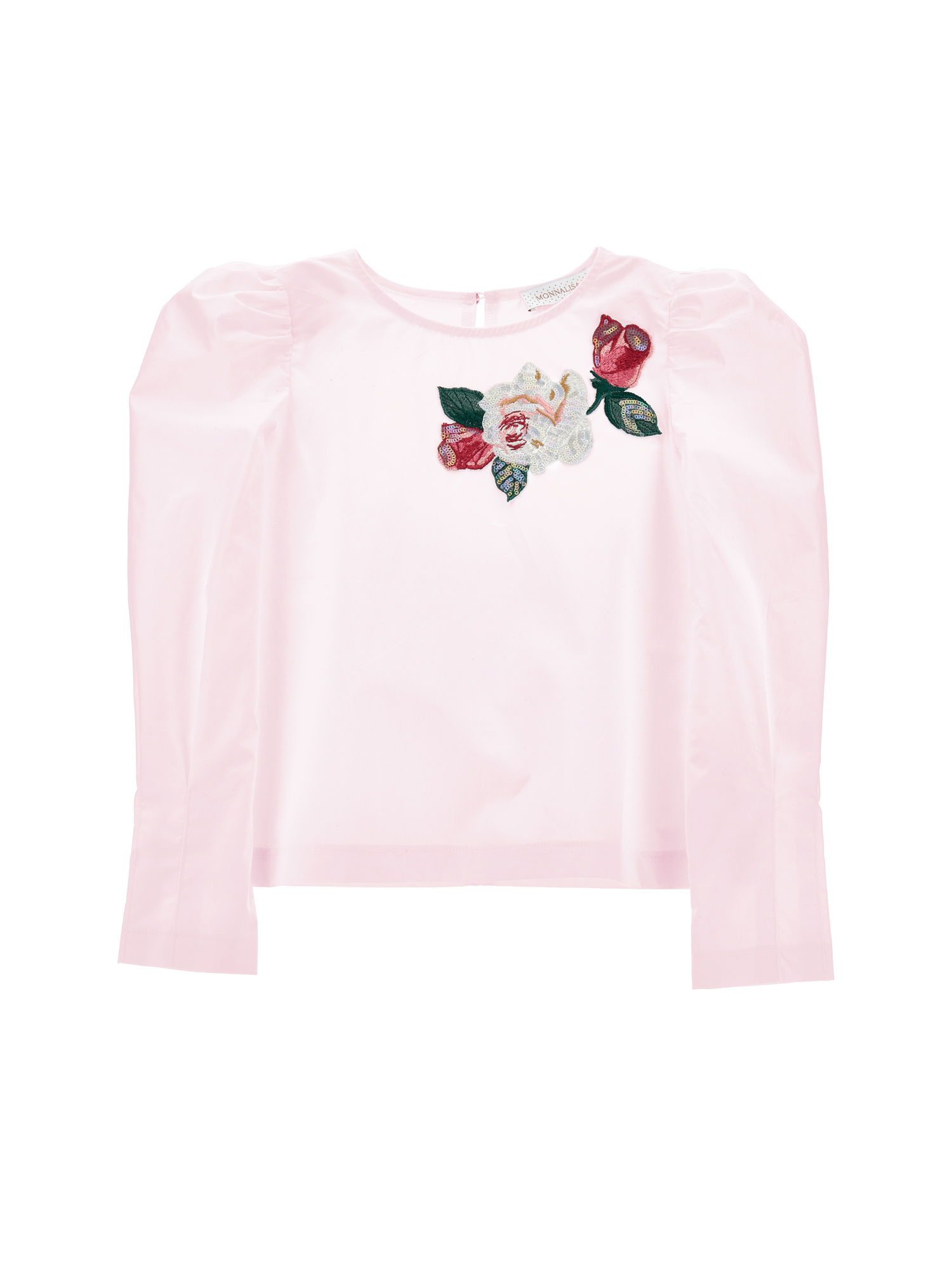 Monnalisa Poplin Blouse With Embroidered Roses In Onion Couture