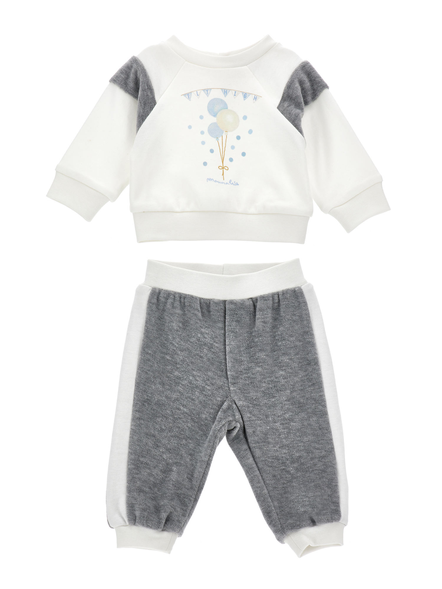 Monnalisa Two-piece Cotton Chenille Set In Cream + Grey