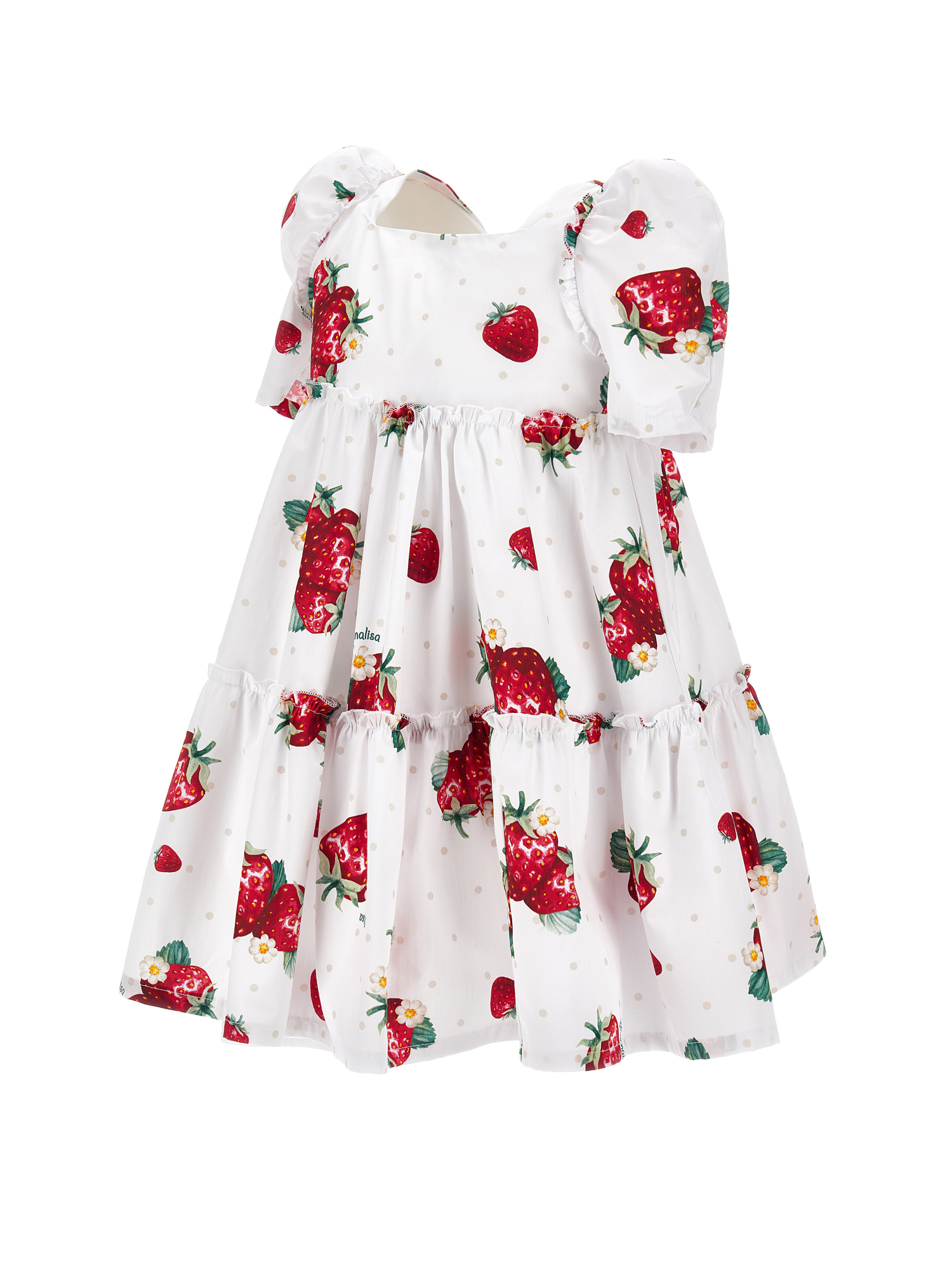 Monnalisa Poplin Dress With Strawberry And Polka Dot Print In White + Red