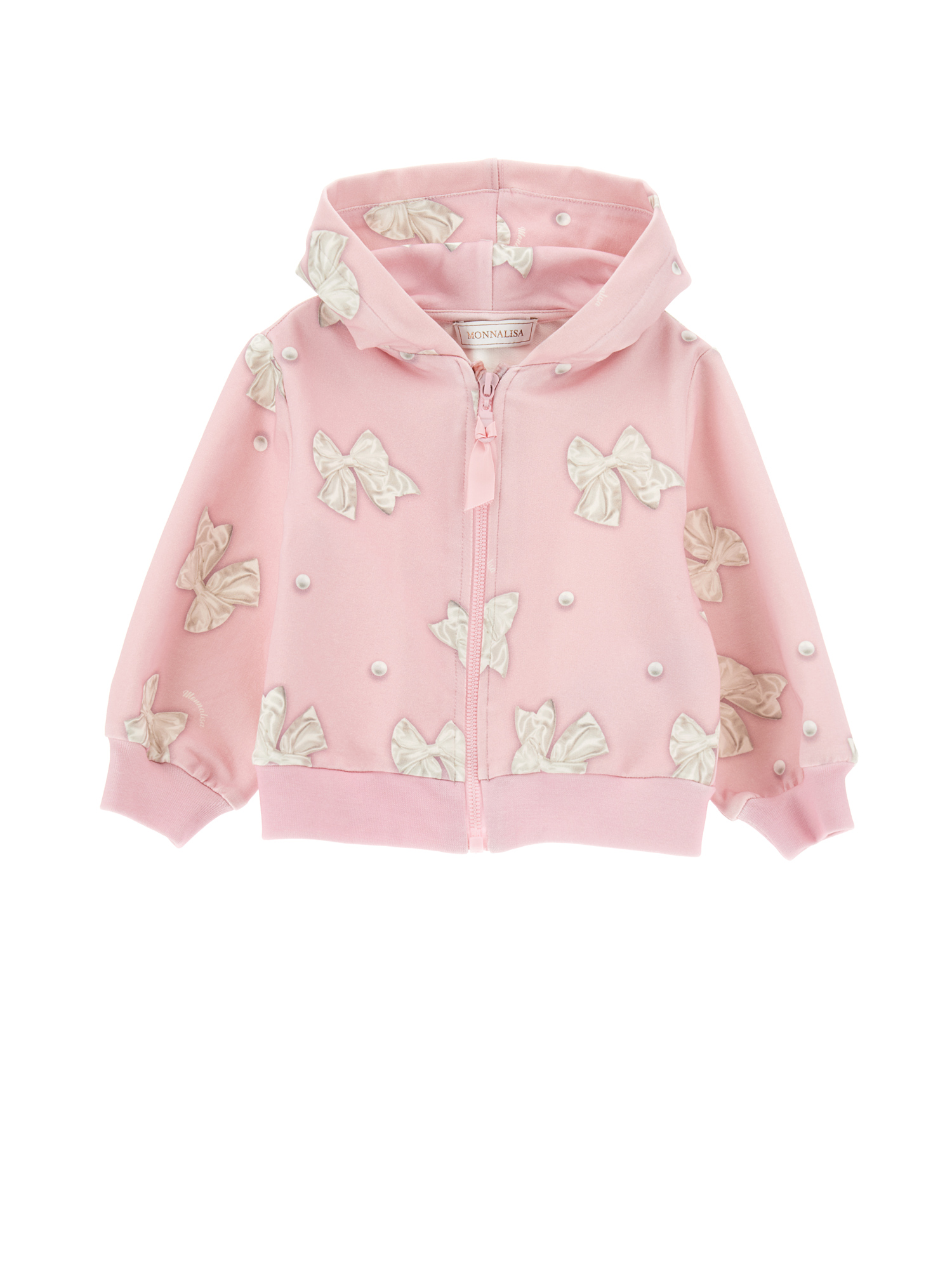 Monnalisa Bow Print Hoodie In Antique Rose + Cream