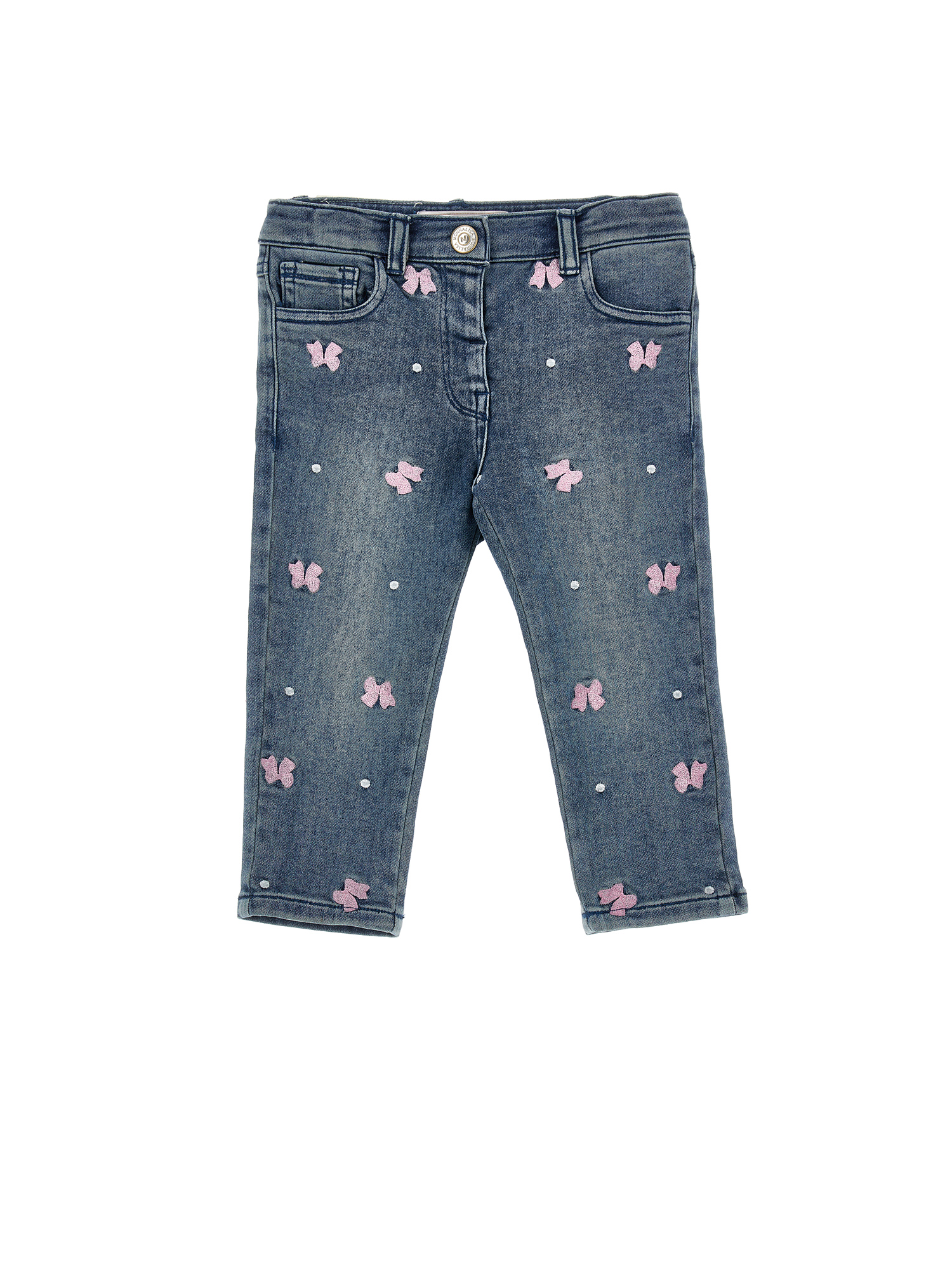 Monnalisa Embroidered Five-pocket Jeans In Blu Stone Denim