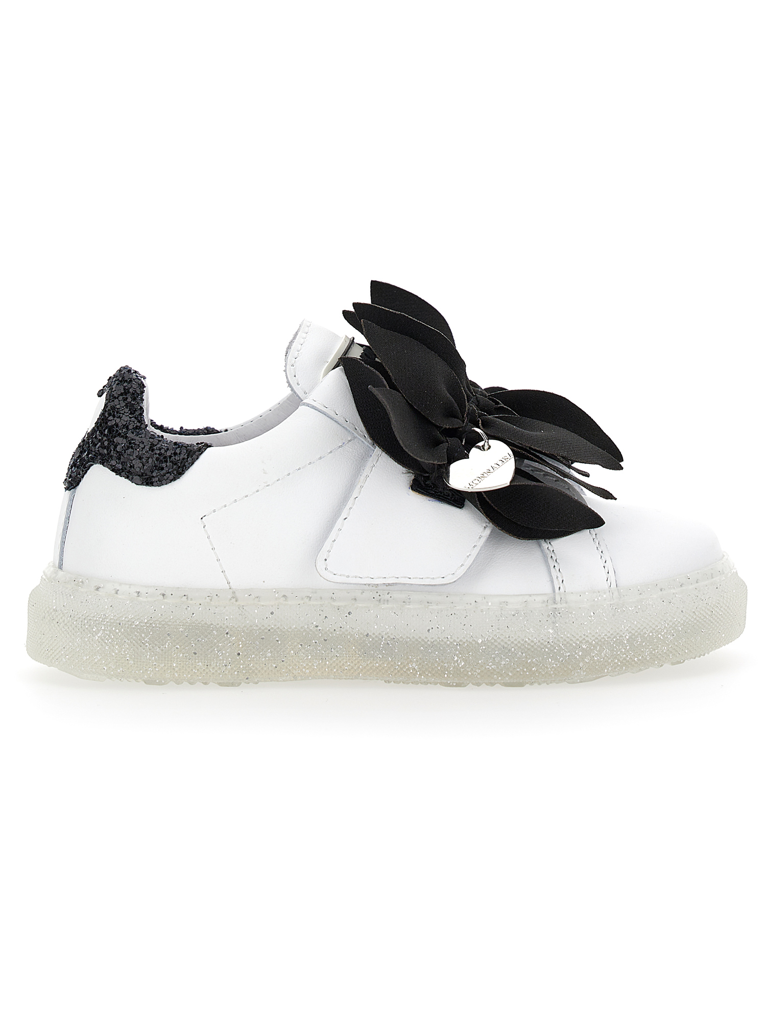 Monnalisa Leather Sneakers With Petals In Cream + Black