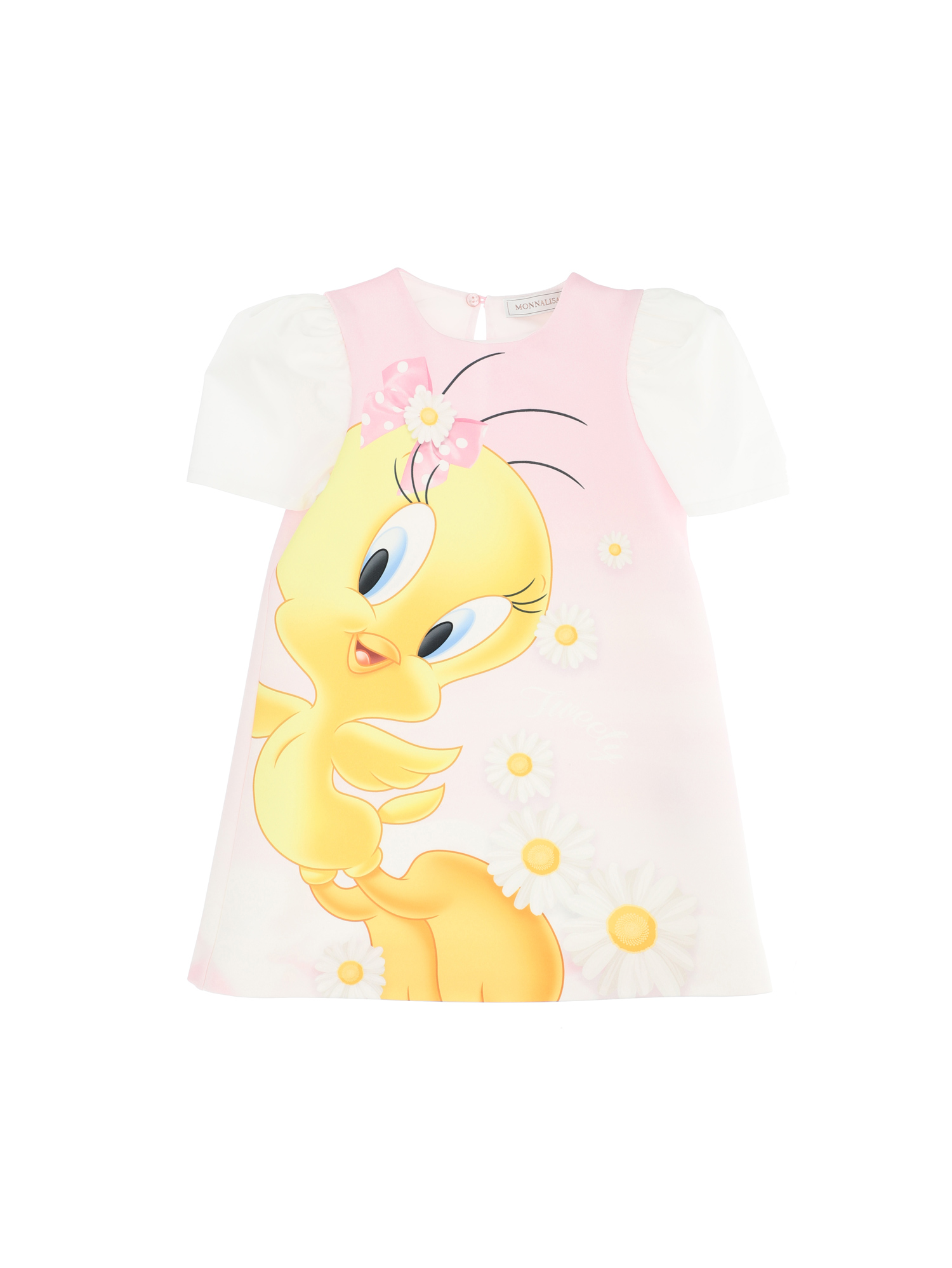 Monnalisa Babies'   Tweety Crêpe Dress With Cloud Print In Cream + Peach Pink