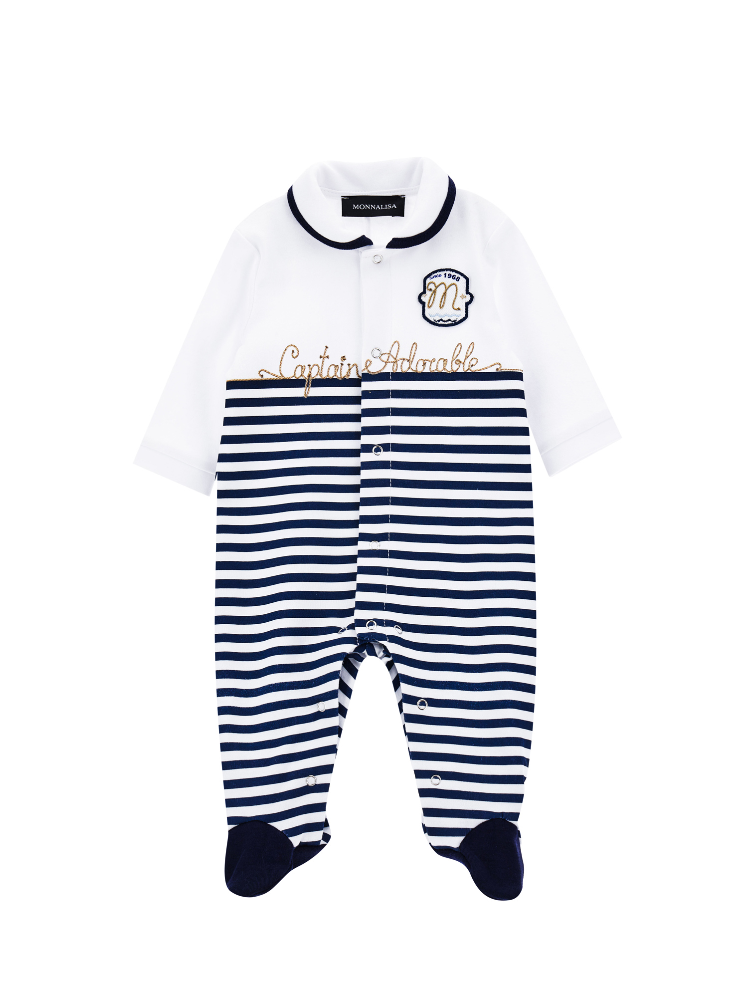 Monnalisa Striped Playsuit With Front Opening In White + Blue