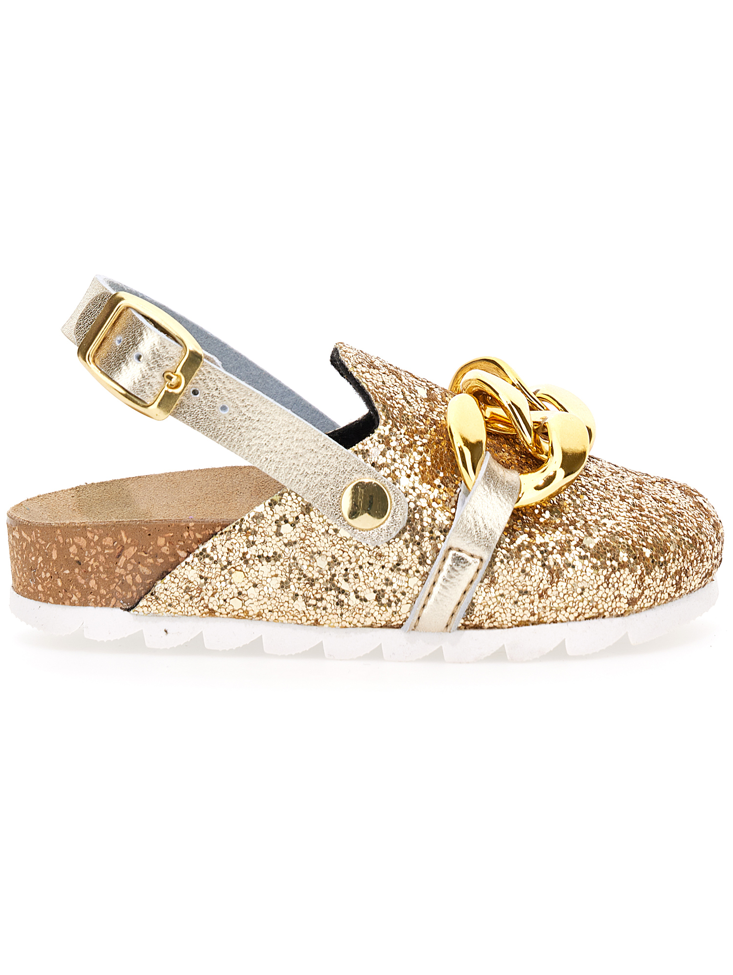 Monnalisa Glitter Sandals With Chain In Glitter Platinum