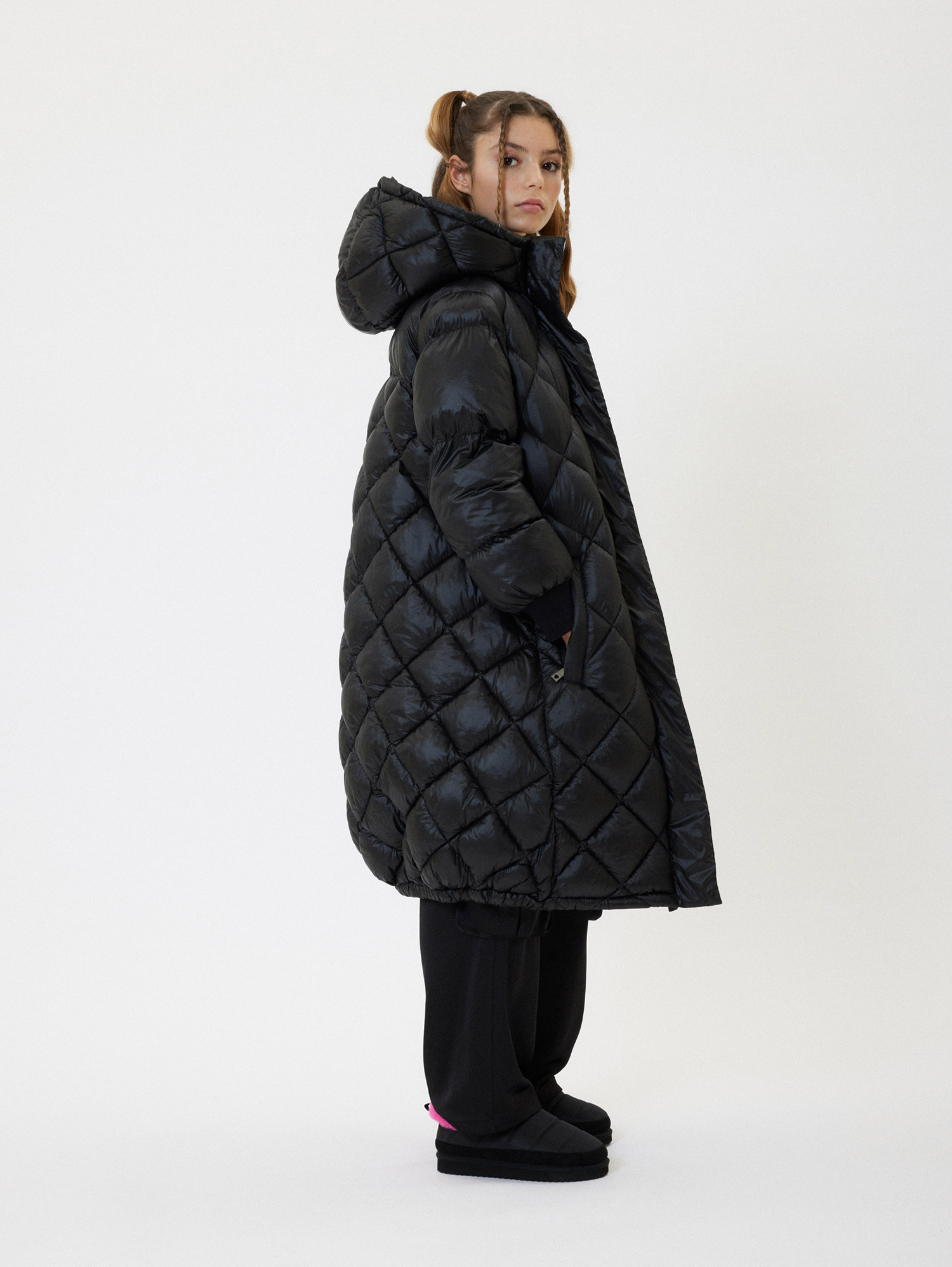 Monnalisa Long Padded Satin-style Jacket In Black