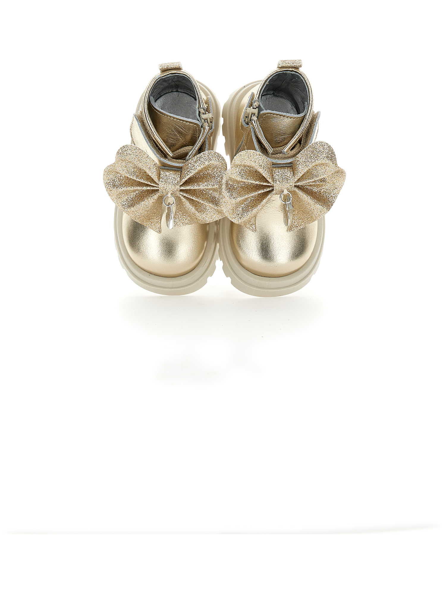Monnalisa Leather Boots With Glitter Bow In Light Gold
