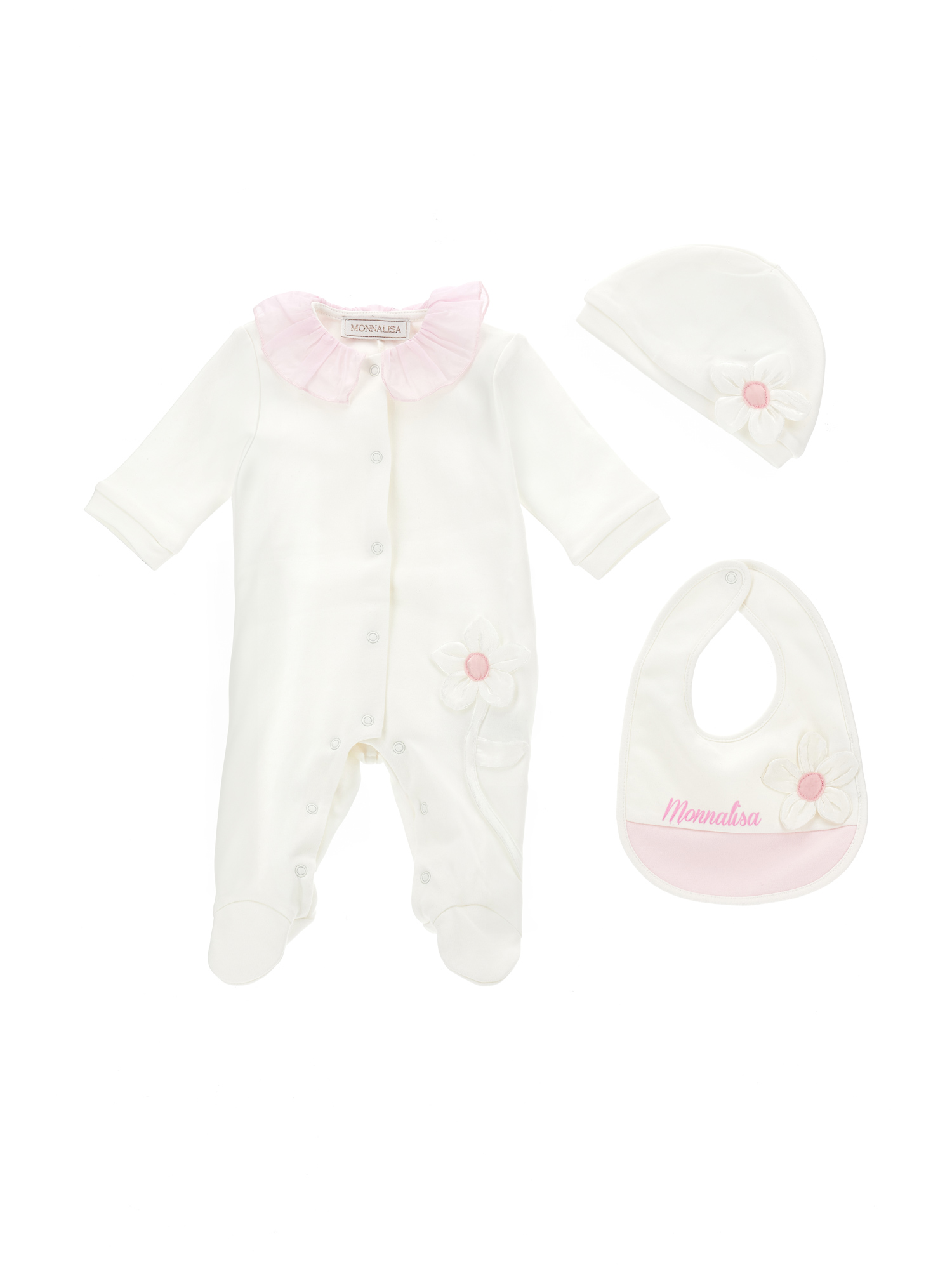 Monnalisa Daisy Three-piece Set In Cream + Pink