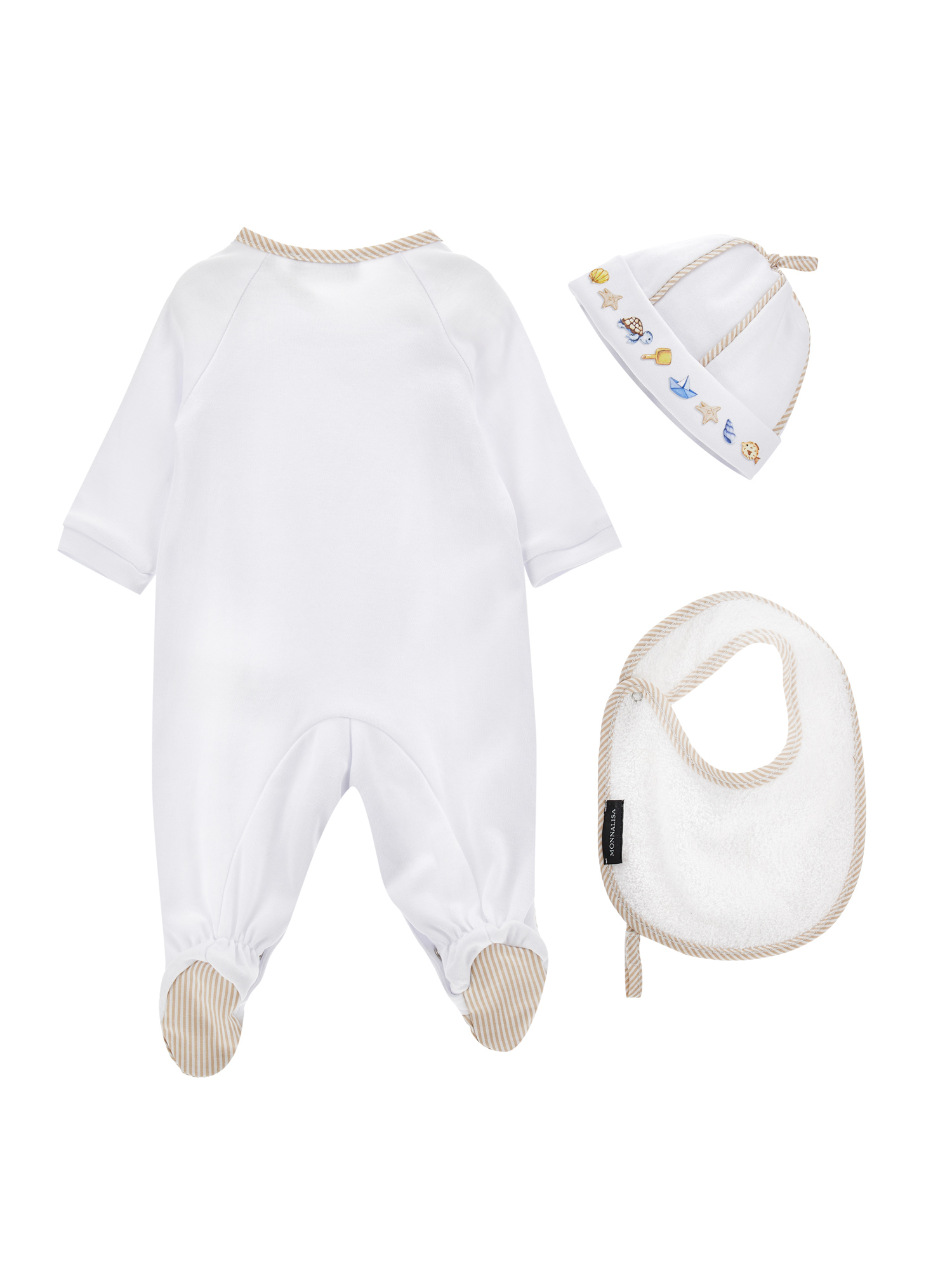 Monnalisa Newborn Set Mickey Mouse Cotton Three-piece In White + Ecru