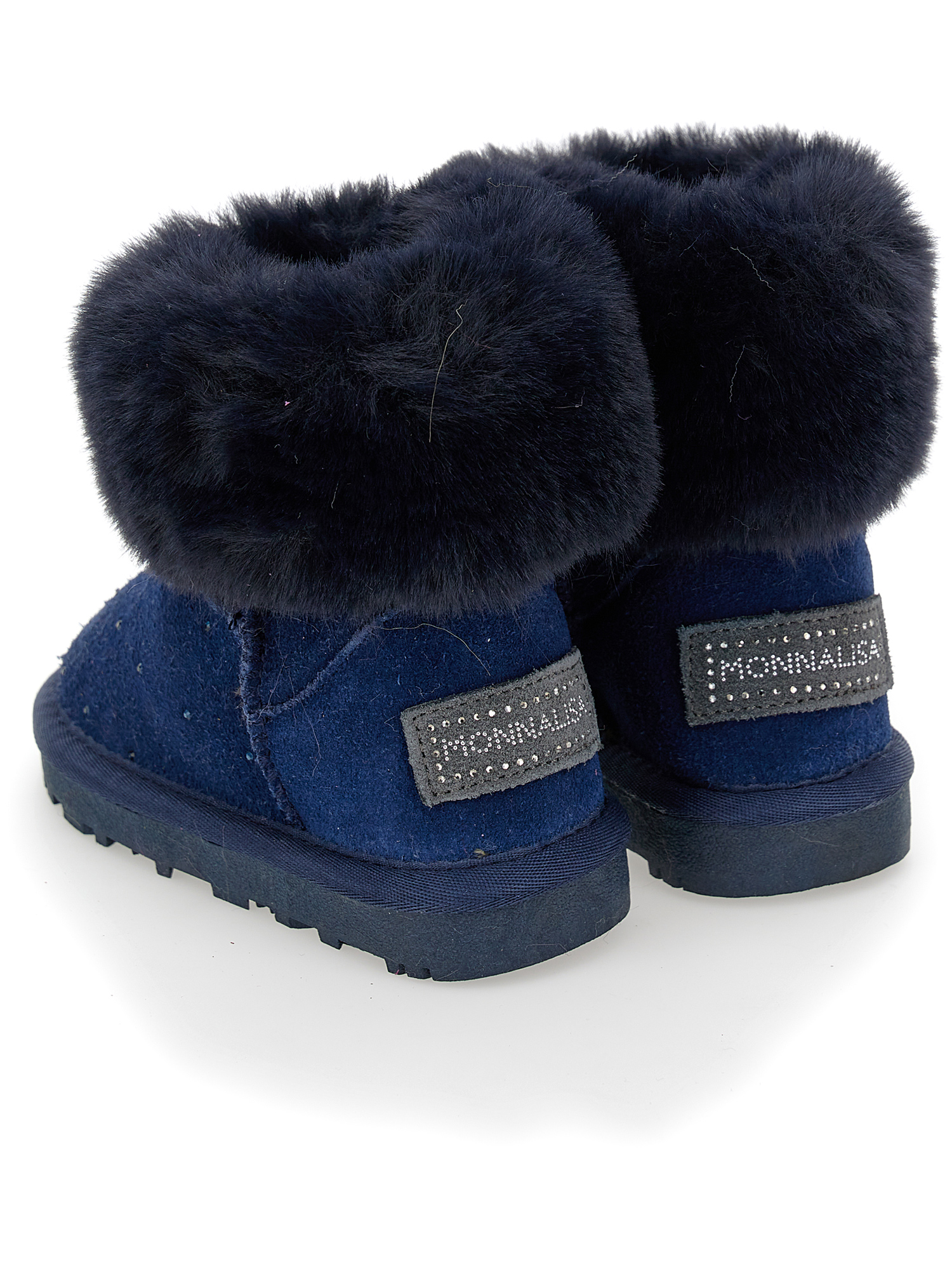 Monnalisa Crusted Leather Boots With Rhinestones In Navy Blue