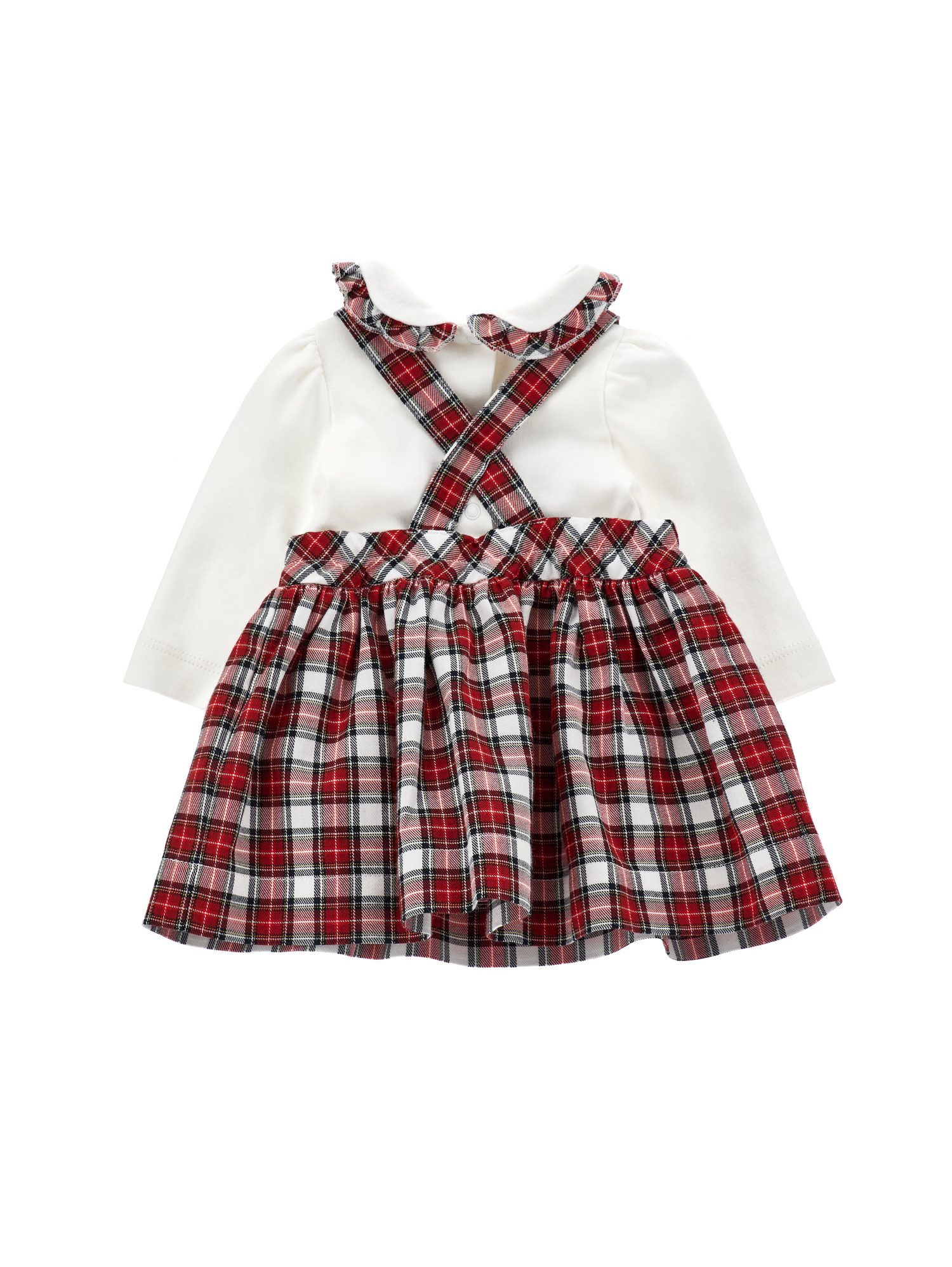 Monnalisa Two-piece Bodysuit And Pinafore Set In Cream + Ruby Red