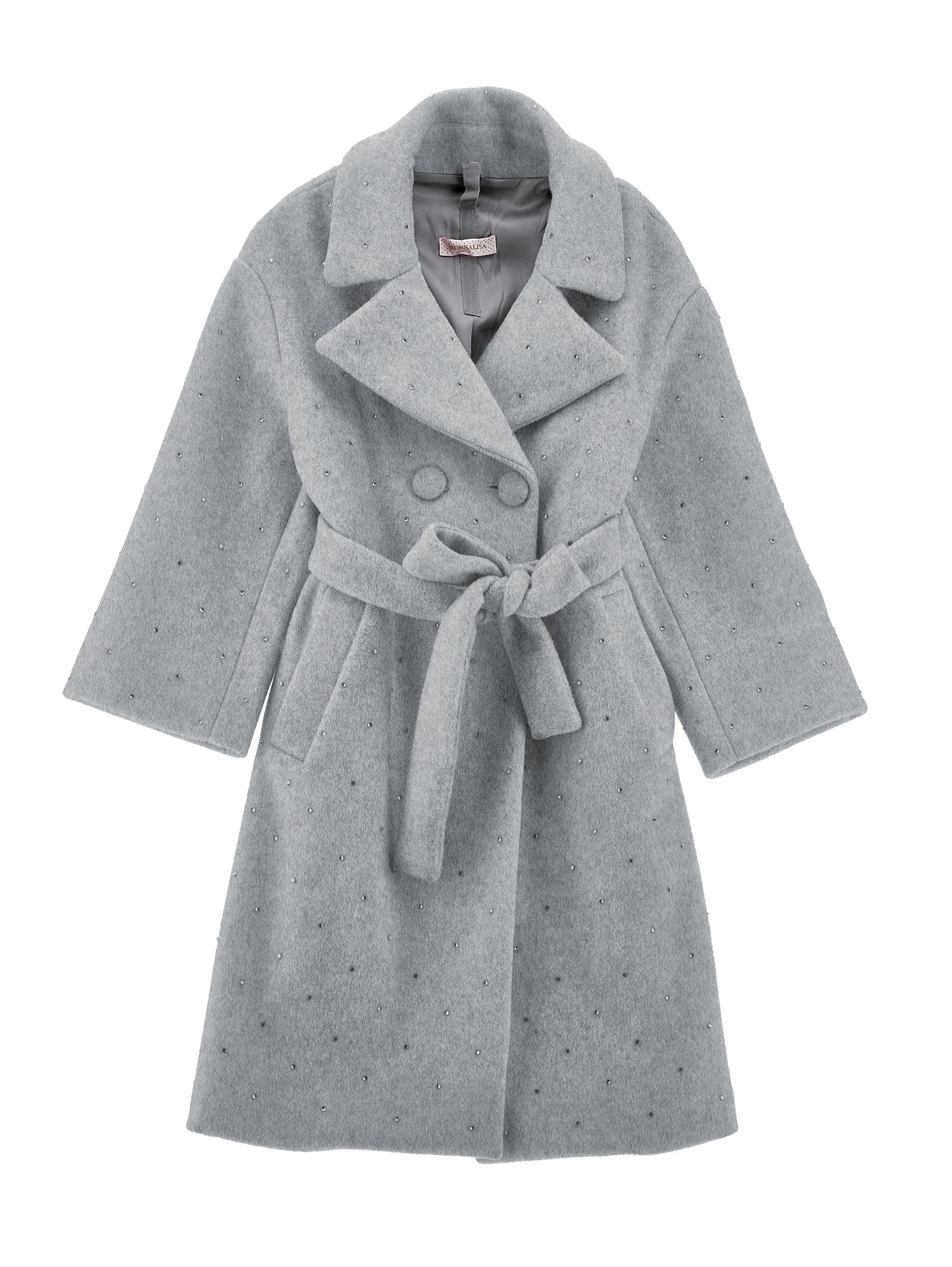 Monnalisa Cloth Coat With Rhinestones In Grey