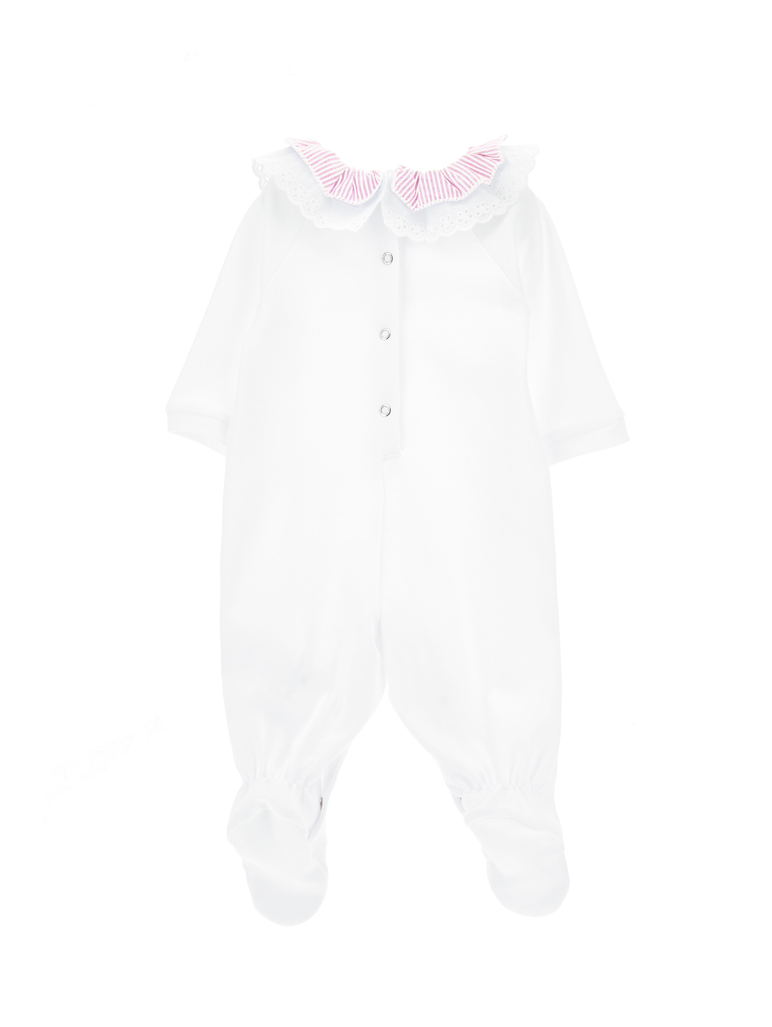 Shop Monnalisa Cotton Playsuit With Striped Collar And Lace In White + Rosa Fairytale