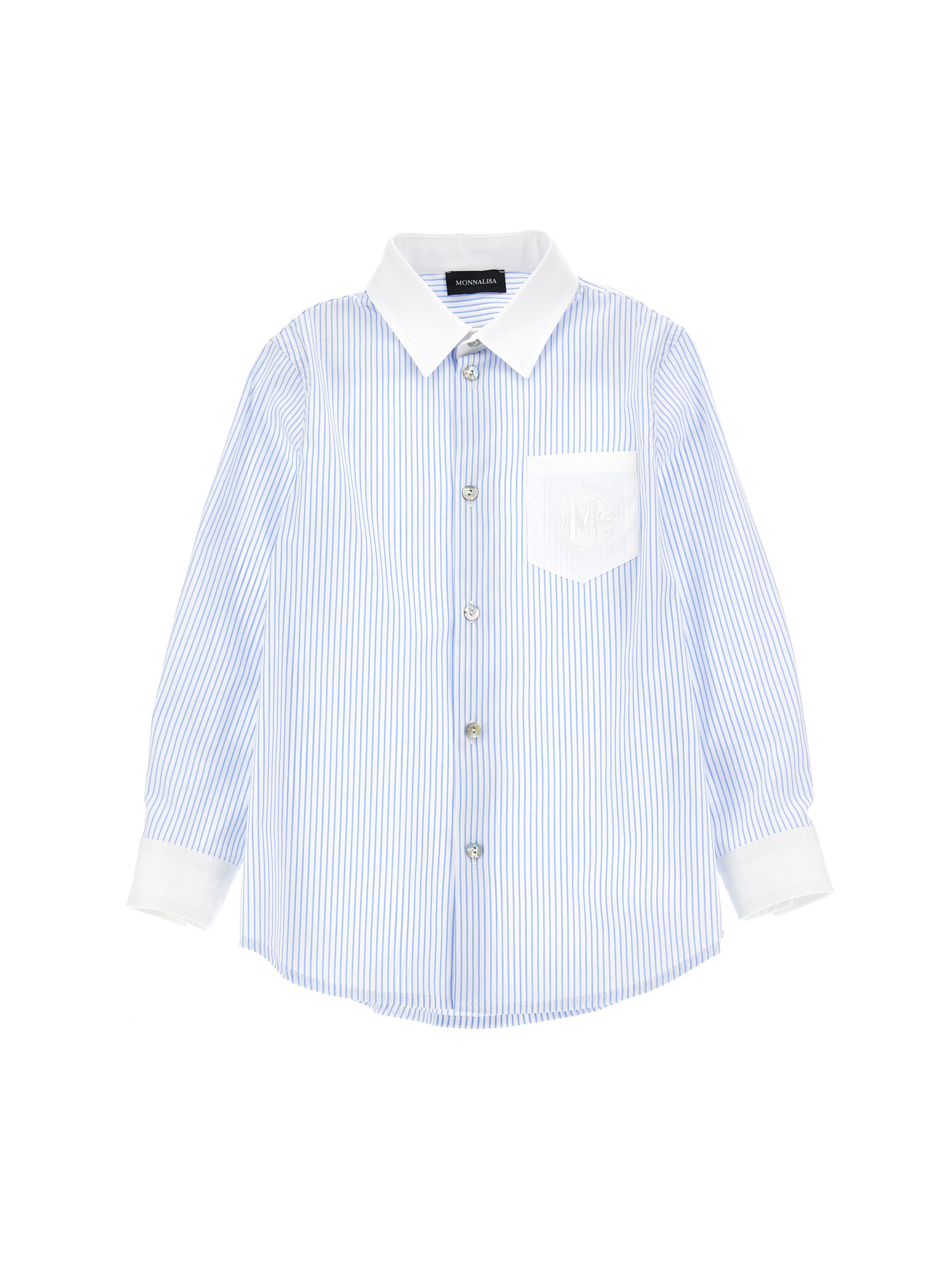Monnalisa Striped Poplin Shirt In Cream + Light Blue