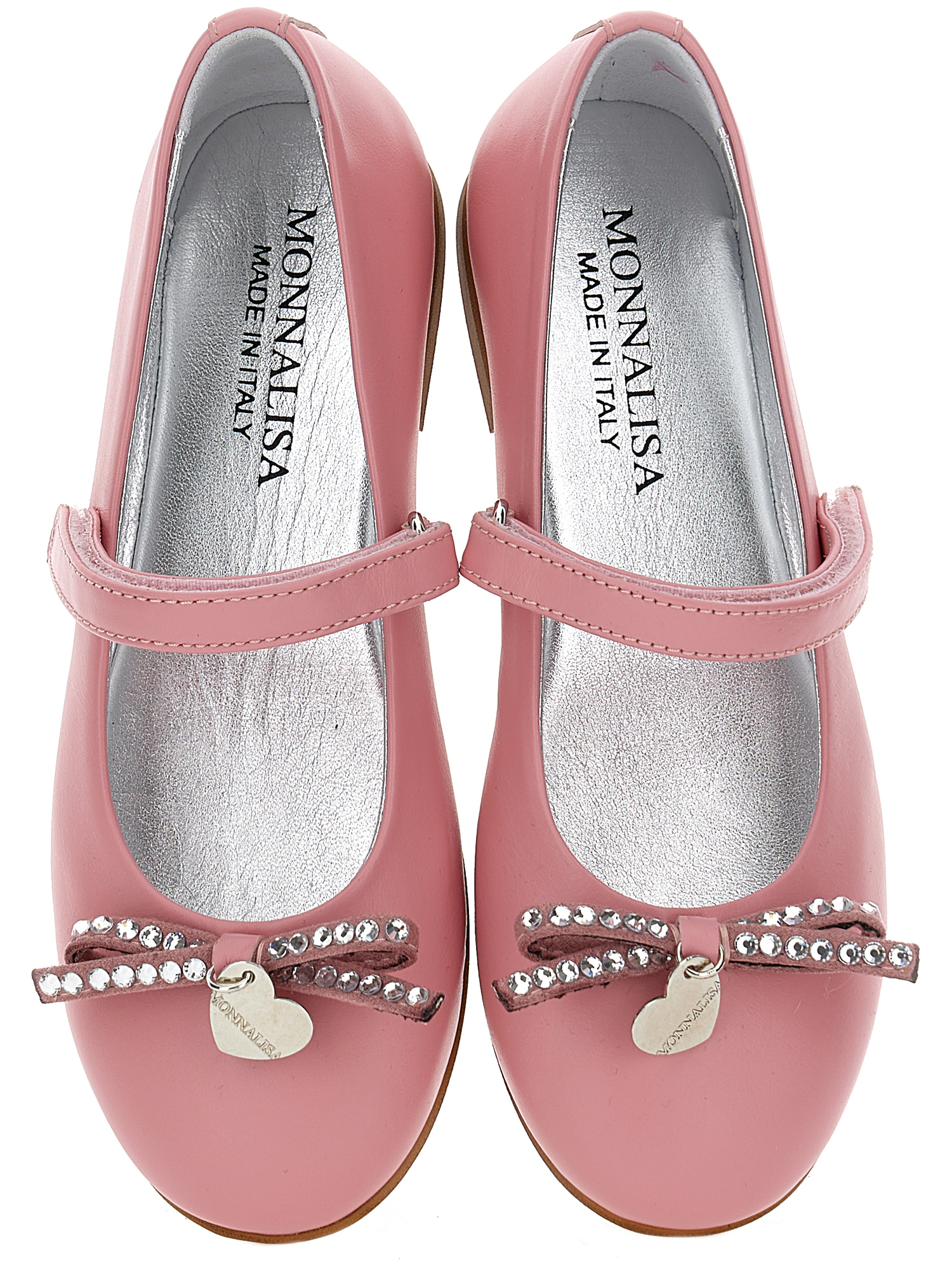 Monnalisa Leather Ballet Flats With Rhinestone Bow In Rosa Fairy Tale