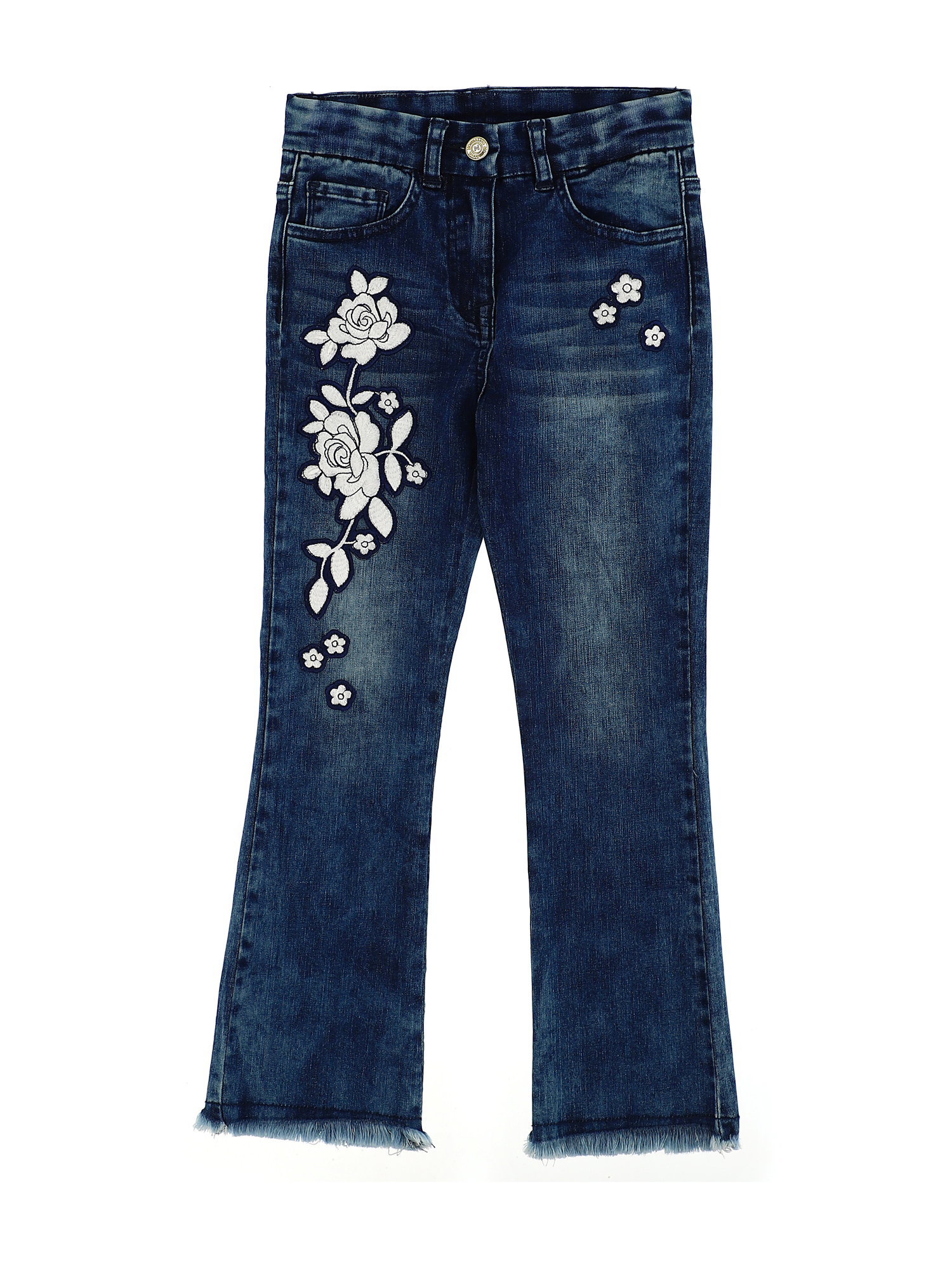 Monnalisa Five-pocket Jeans With Embroidery In Blu Stone Denim | ModeSens
