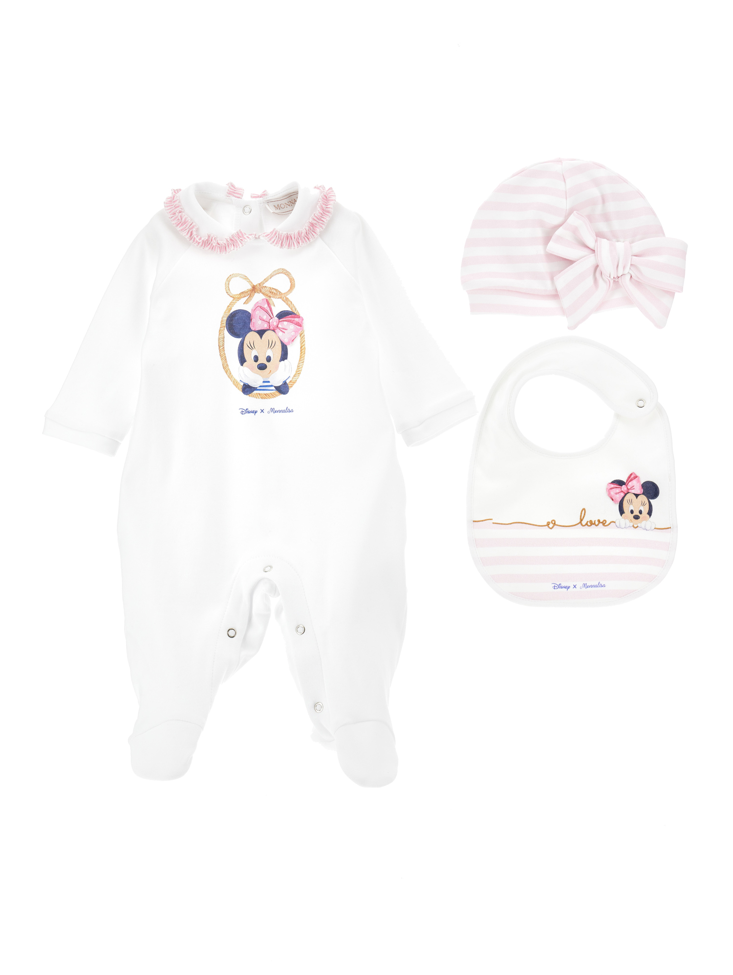 Monnalisa Three-piece Minnie Baby Girl Set In White + Rosa Fairytale