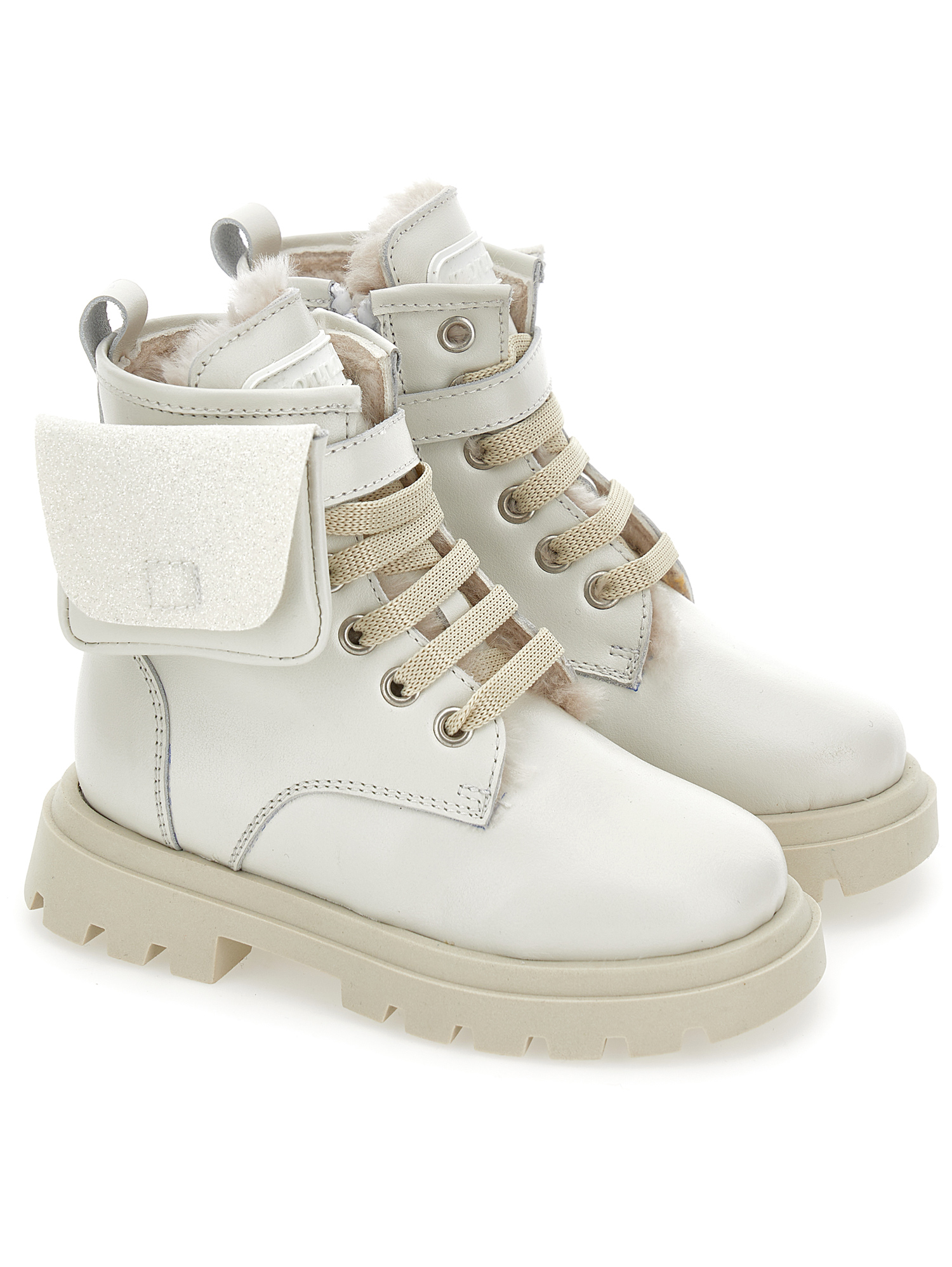 Monnalisa Leather And Sheepskin Boots With Pocket In Cream