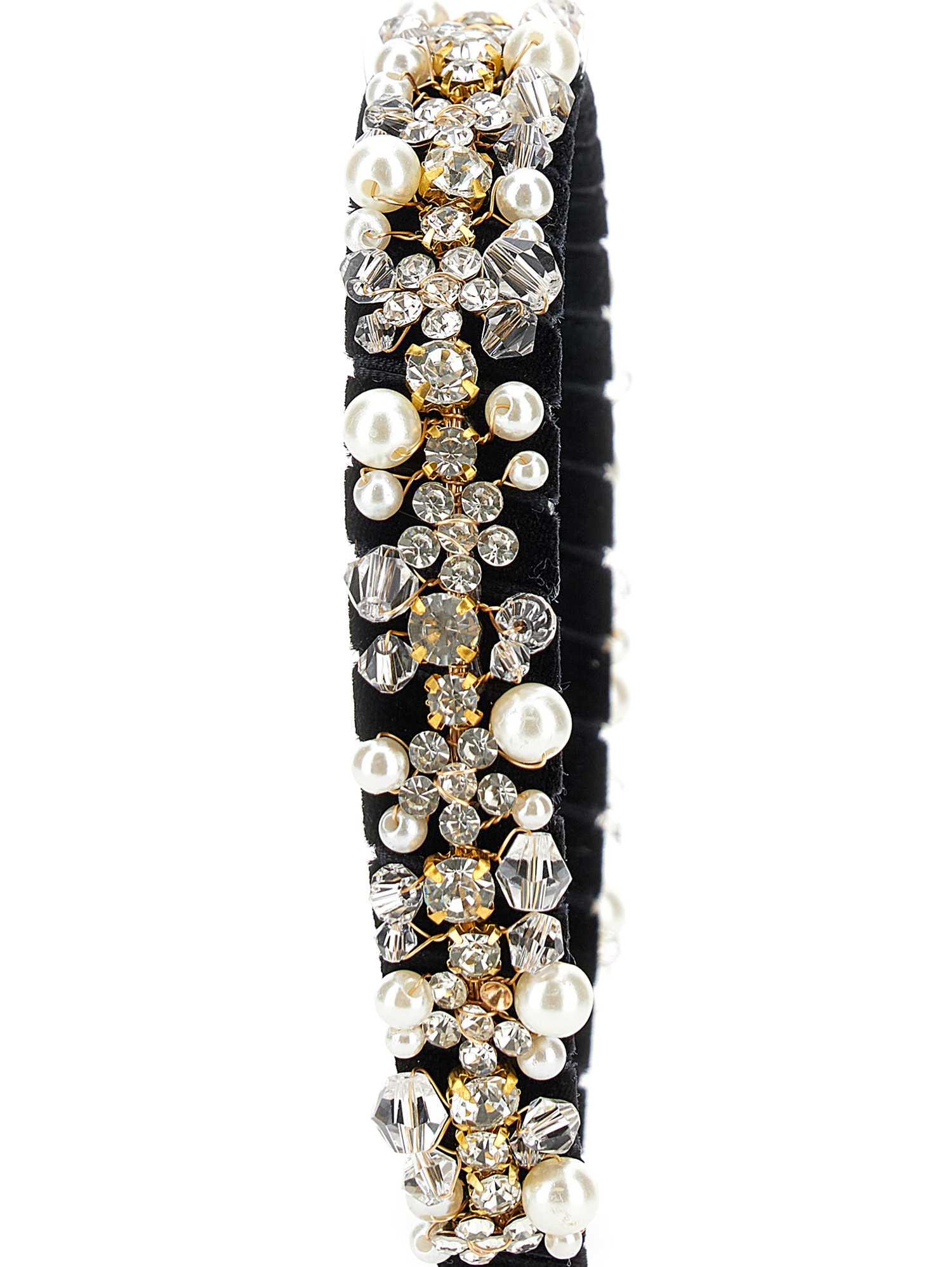 Monnalisa Velvet Headband With Rhinestones And Pearls In Black