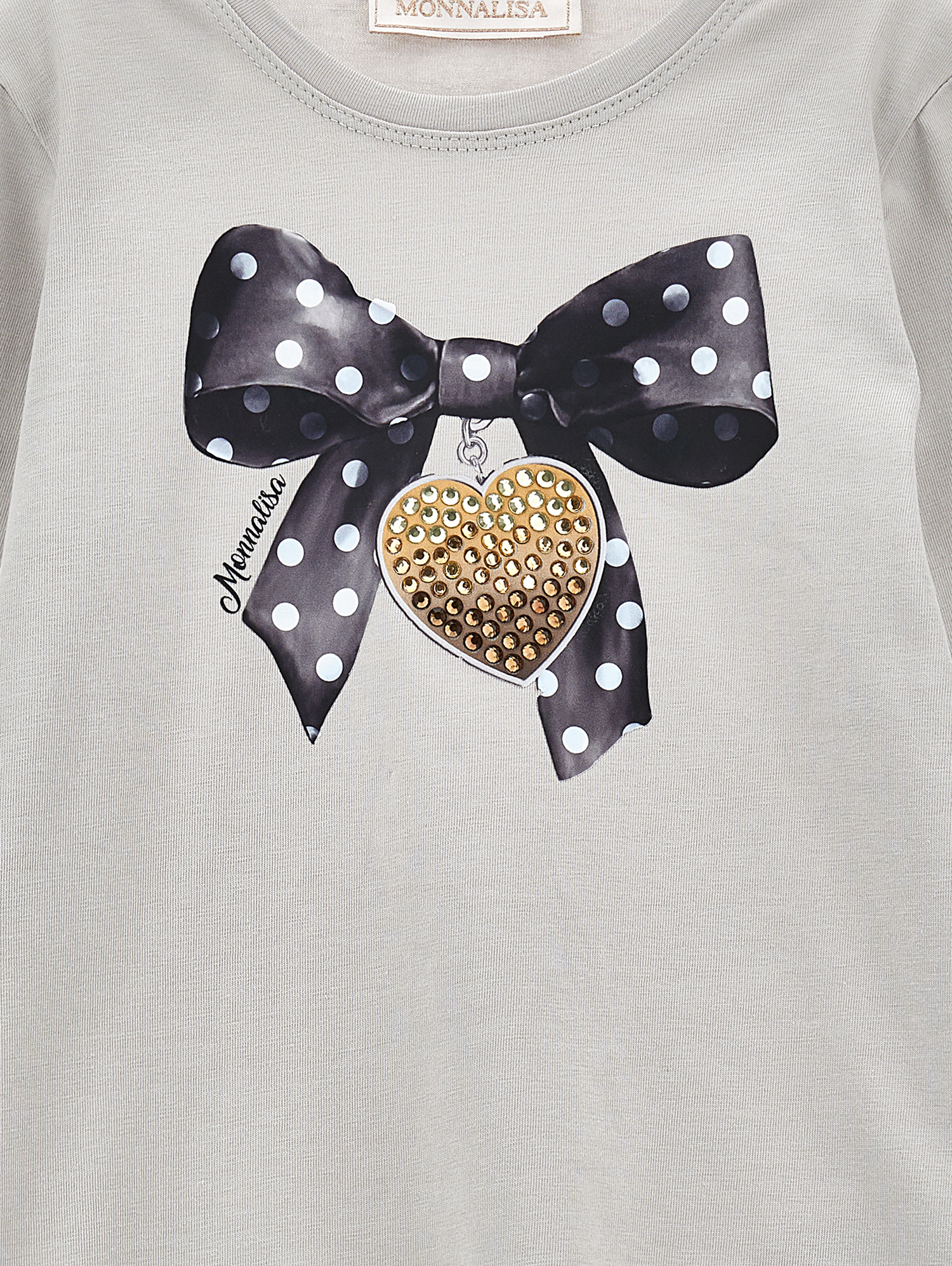 Monnalisa Cotton T-shirt With Bow Print In Pearl Grey