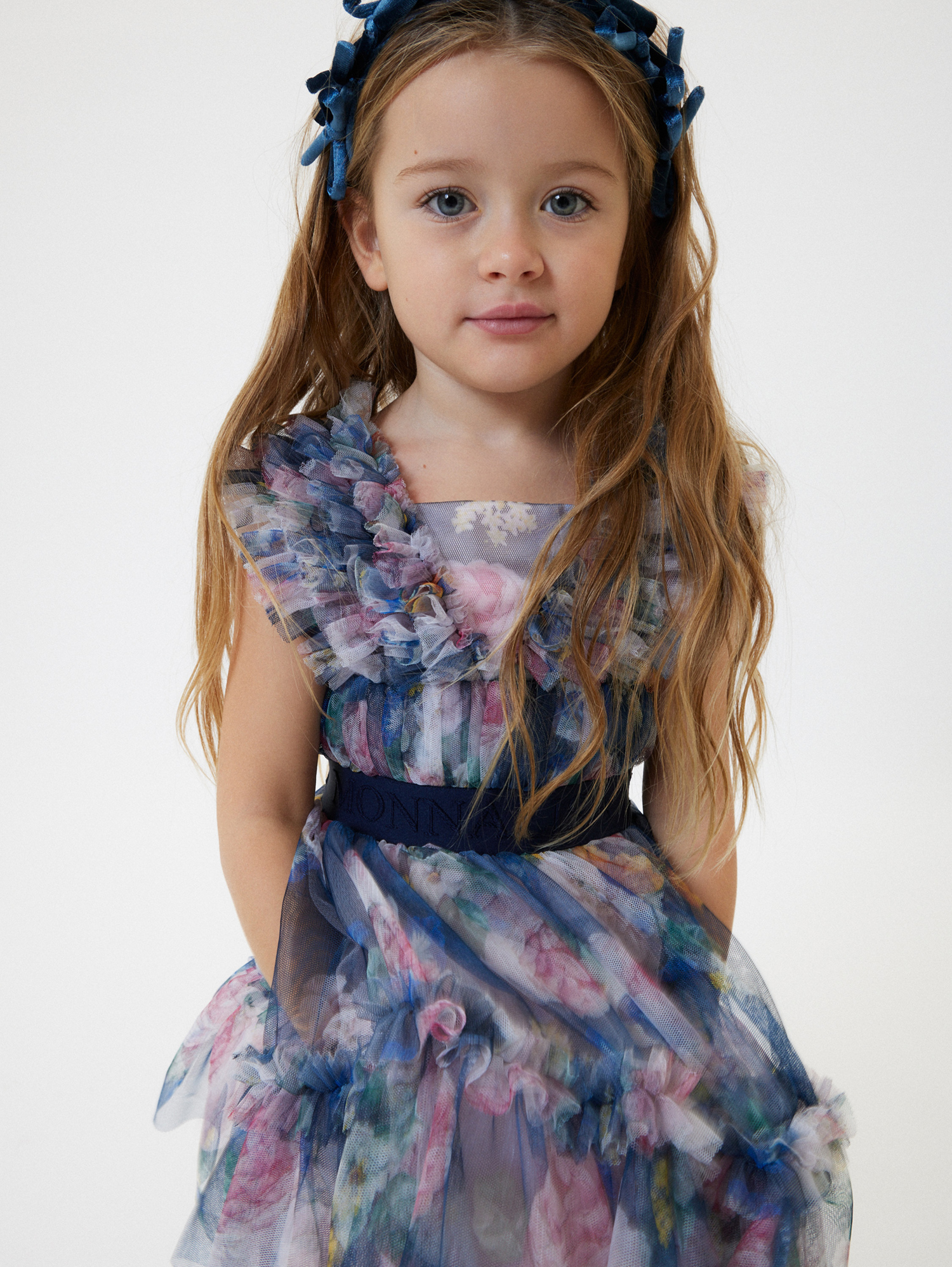 Monnalisa Baroque Rose Birthday Dress In Blue + Multicolor
