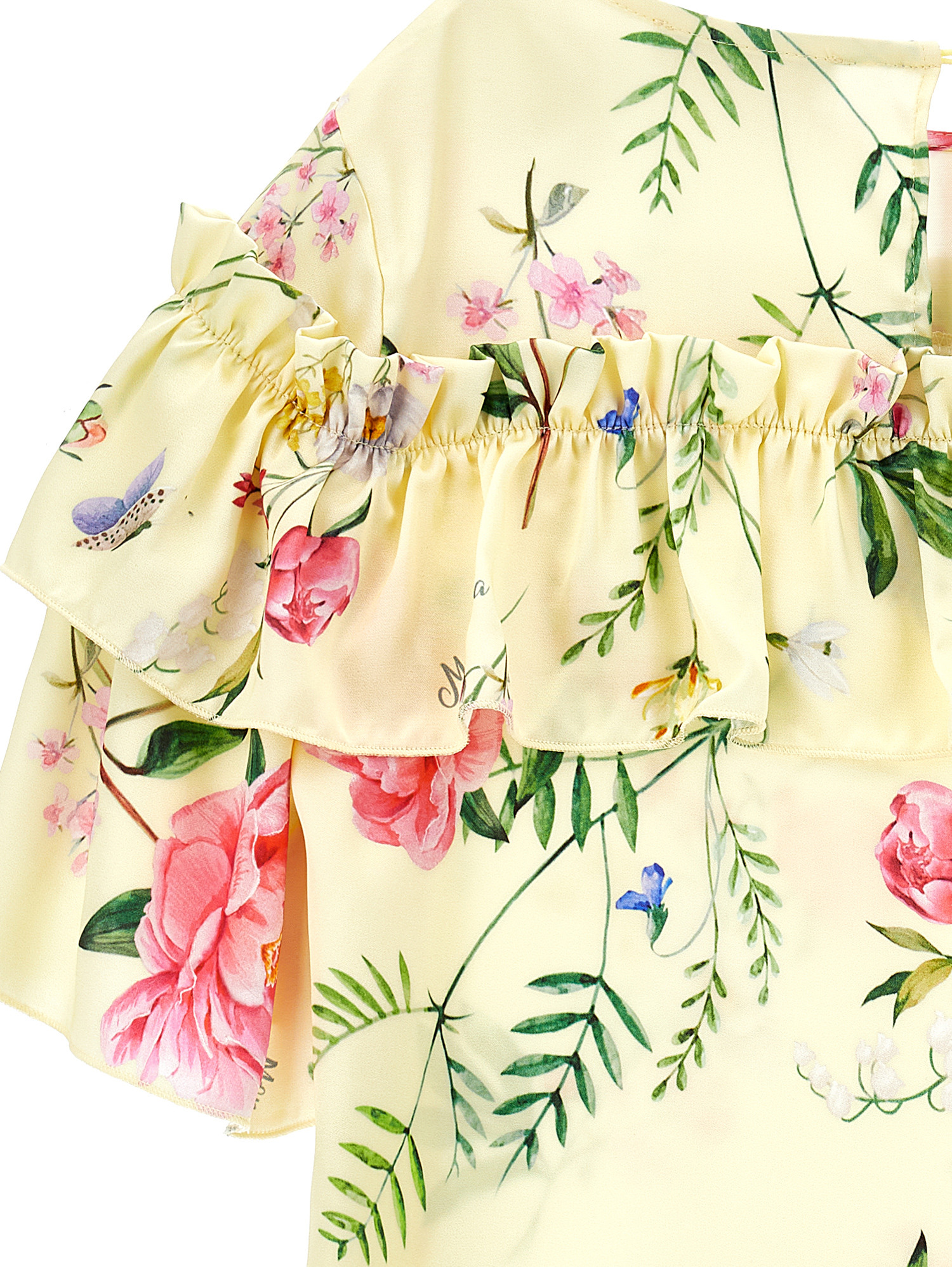 Monnalisa Botanical Print Satin Blouse In Light Yellow + Multicolour