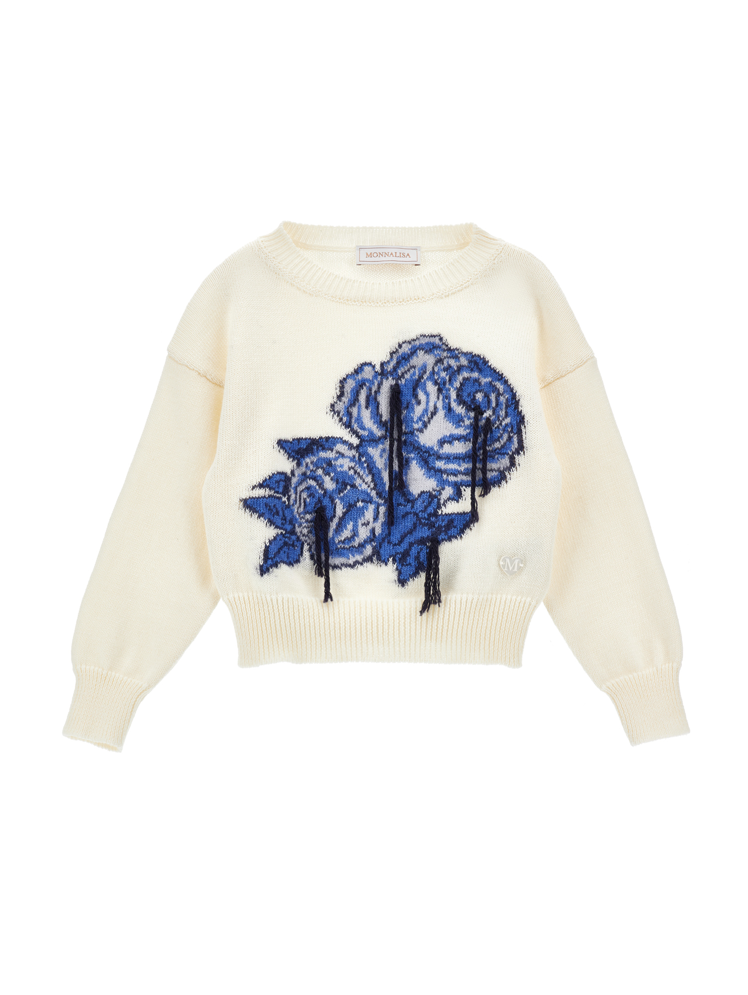Monnalisa Cotton And Wool Sweater With Rose Inlay In Cream + Navy Blue