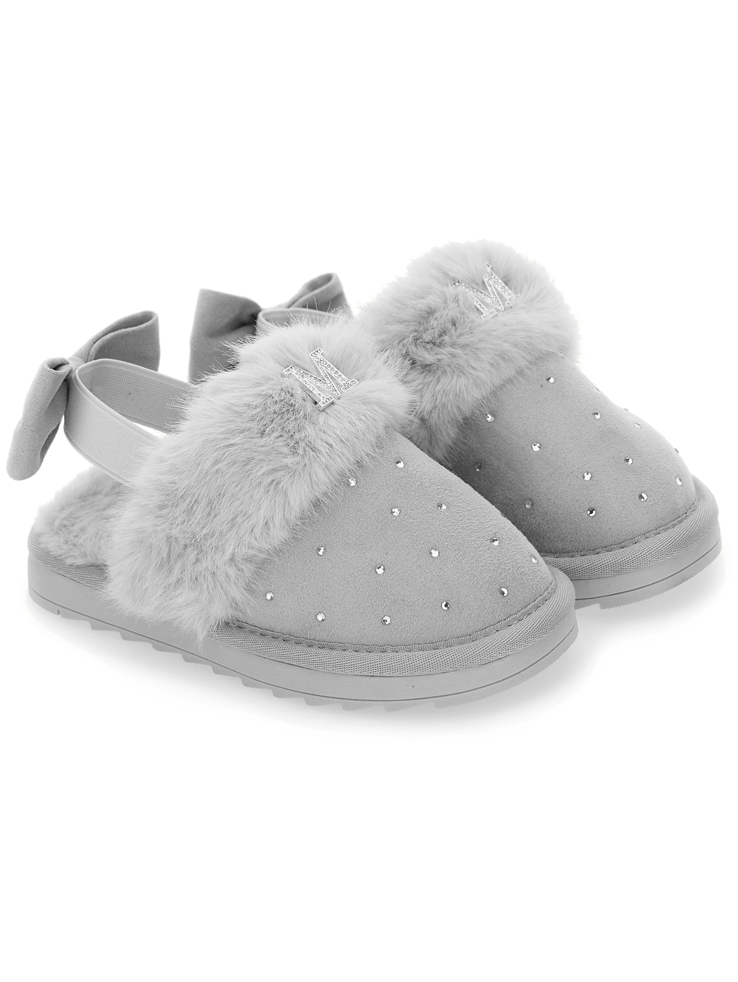 Shop Monnalisa Rhinestone Suede Sliders In Grey