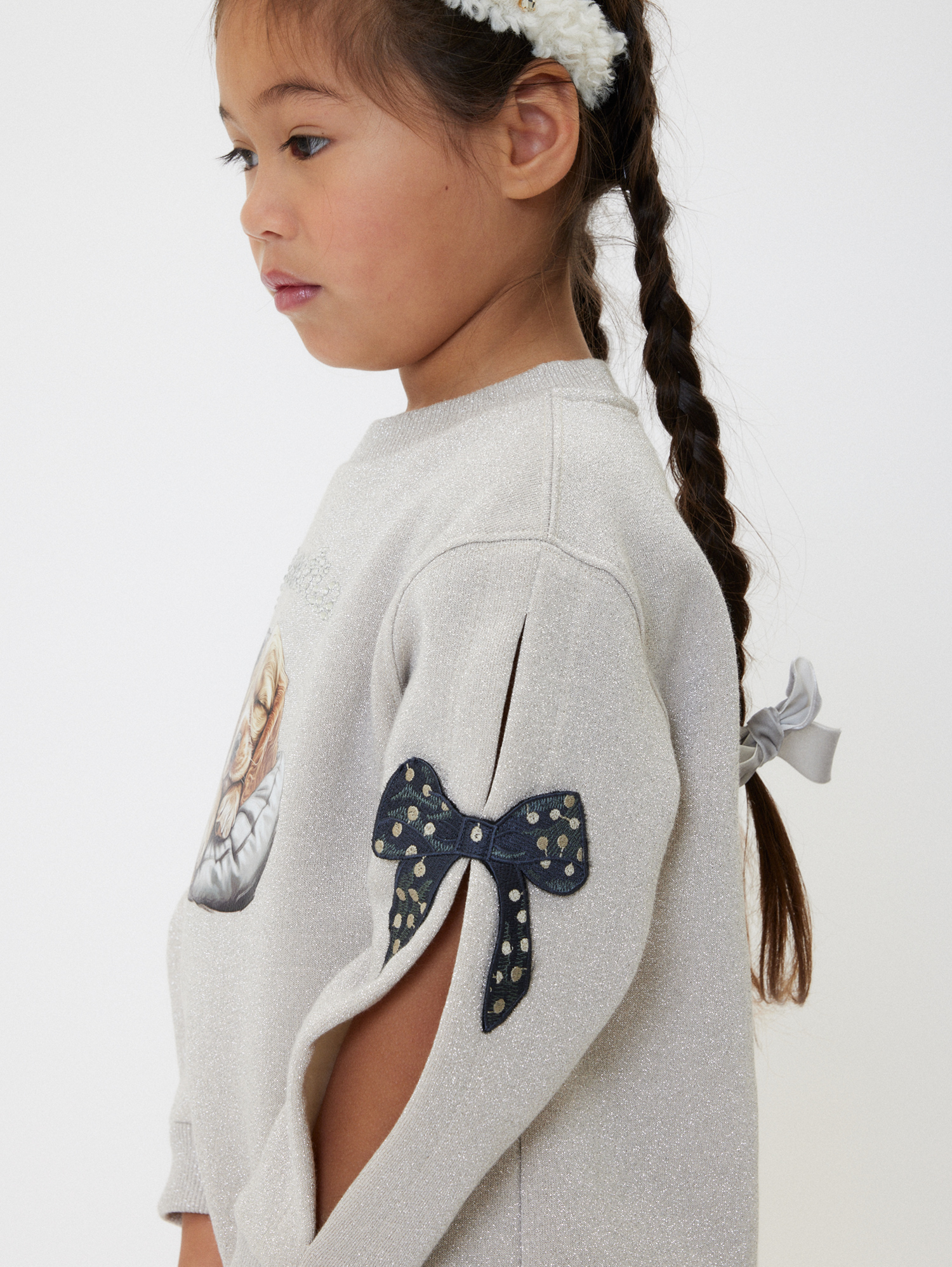 Monnalisa Lurex Sweatshirt Dress With Bows In Ecru + Silver