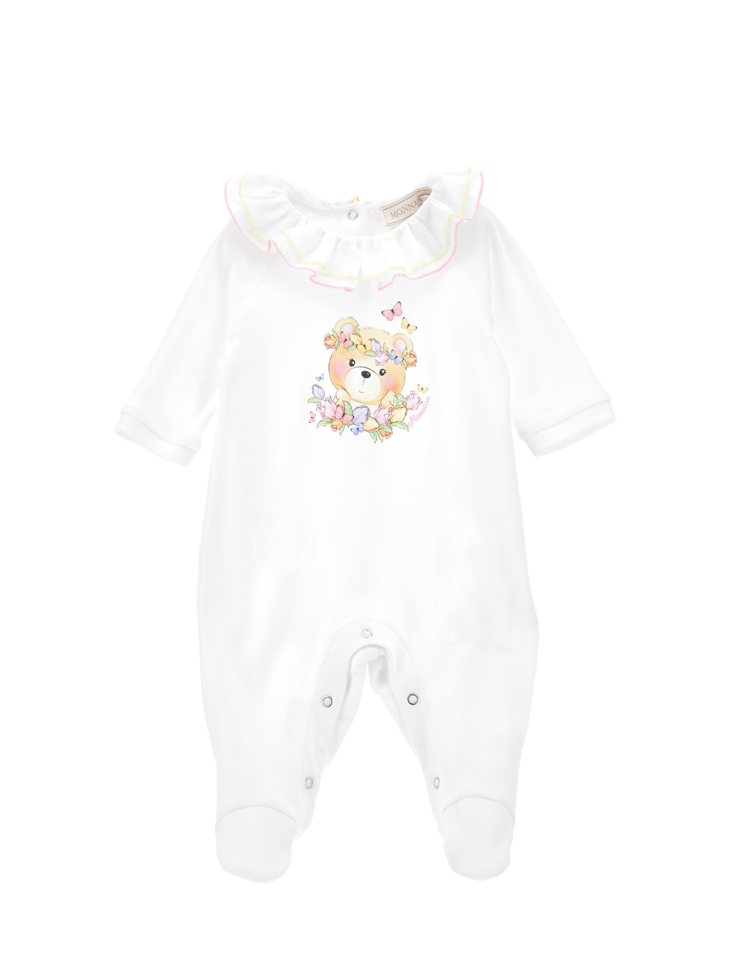 Monnalisa Teddy Bear Print Cotton Playsuit In White