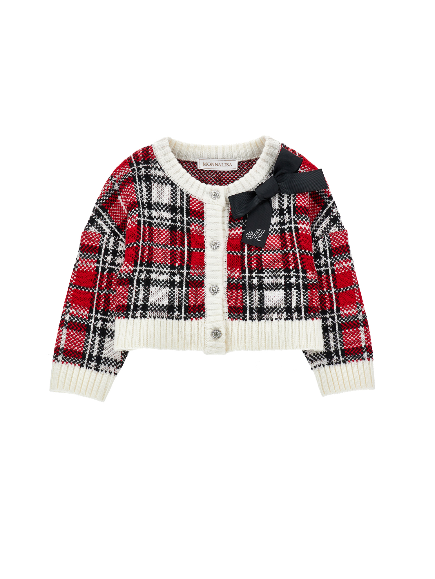 Monnalisa Tartan Wool Blend Sweater In Red + Cream
