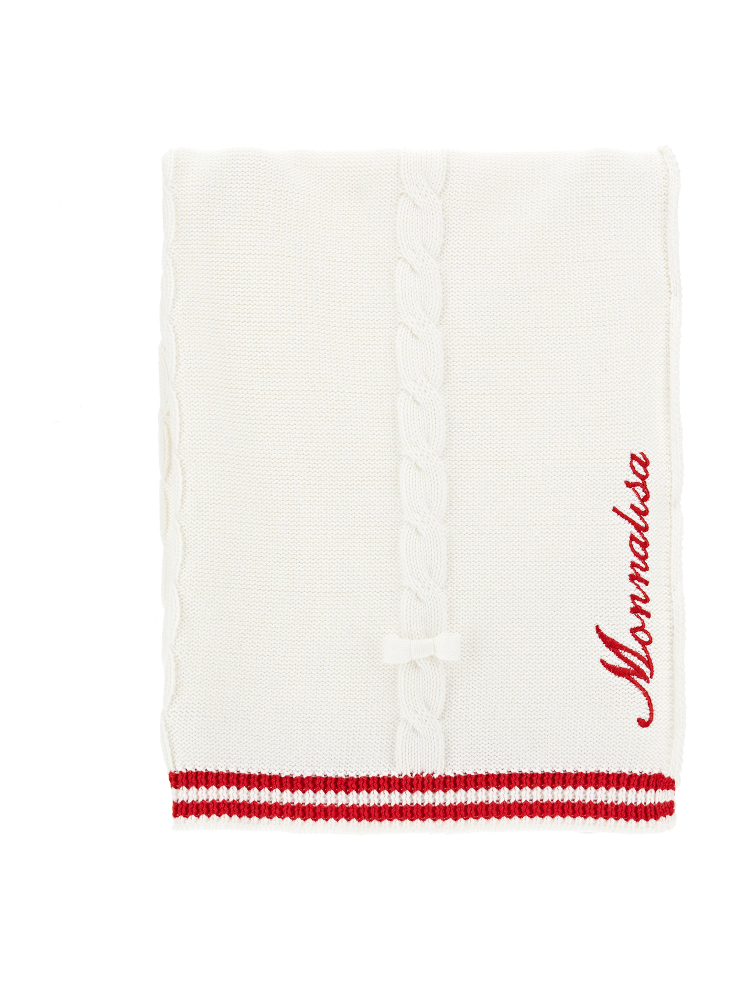Monnalisa Two-tone Cotton Yarn Blanket In Cream + Ruby Red