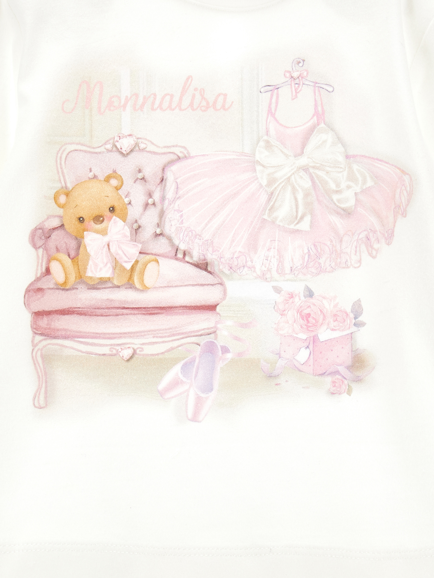 Monnalisa Ballet Print Cotton T-shirt In Cream