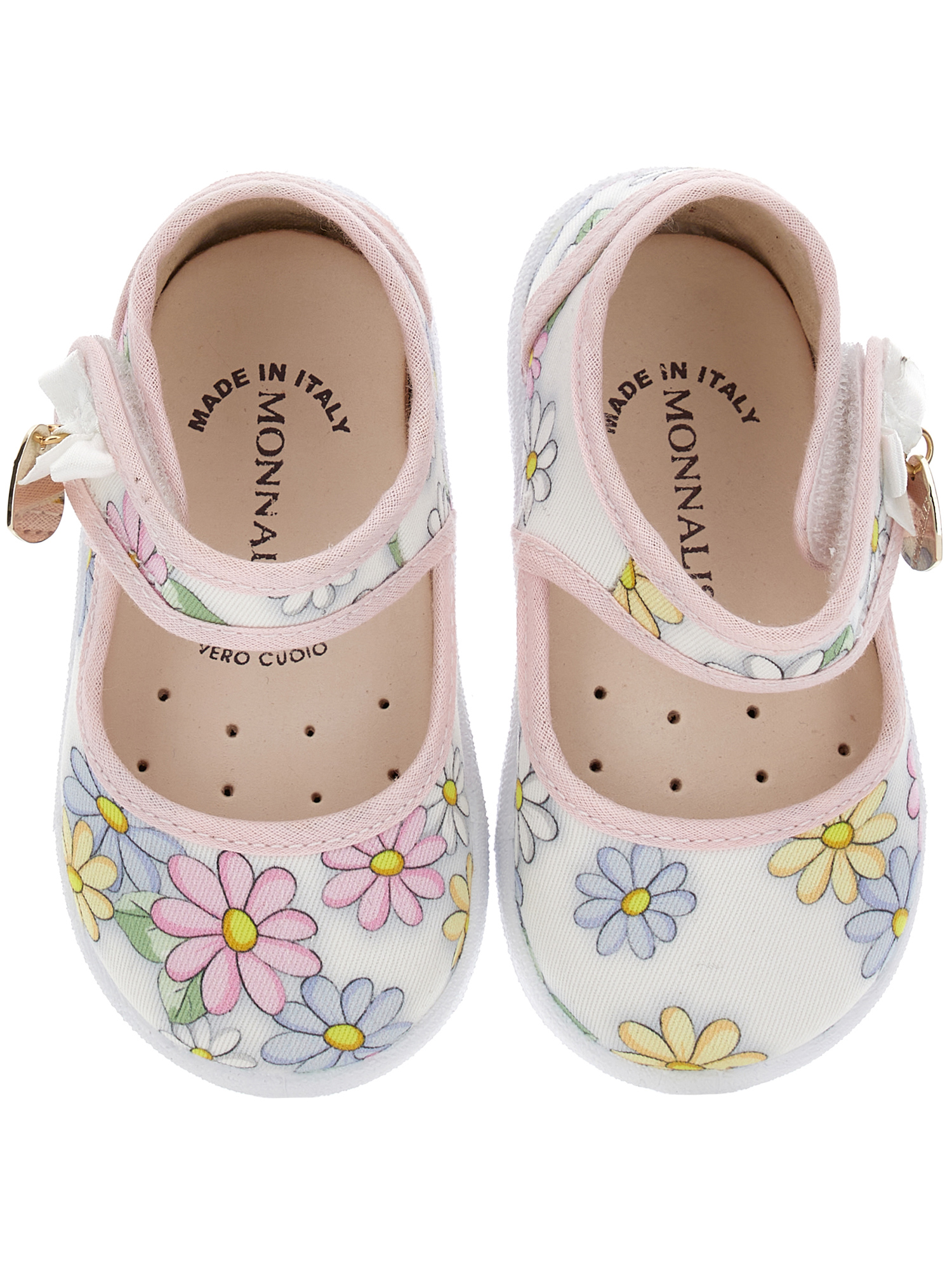 Monnalisa Daisy Print Canvas Ballerinas In White + Rosa Fairytale
