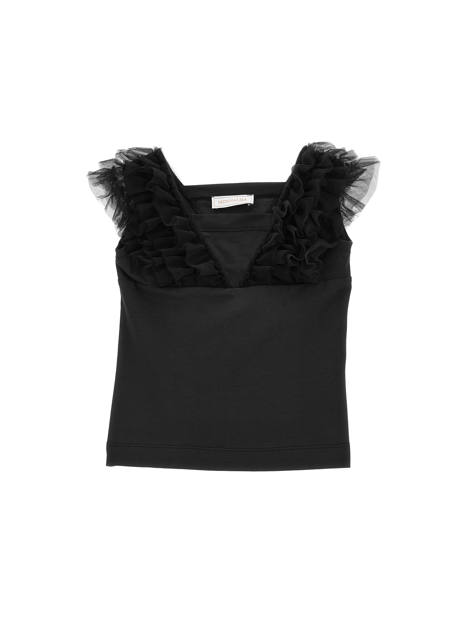 Monnalisa Jersey Tank Top With Tulle Details In Black