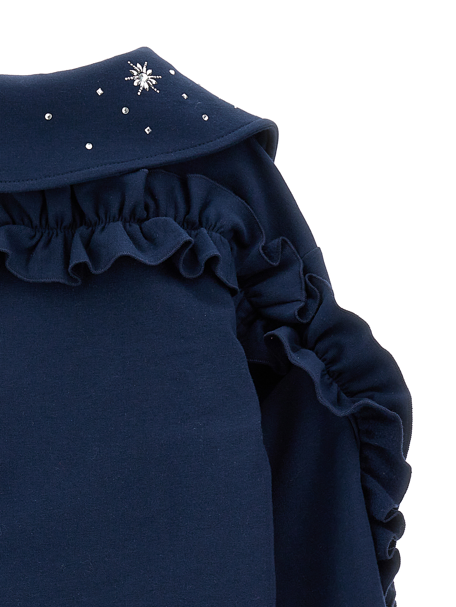 Monnalisa Zip-up Sweatshirt With Crystals And Ruffles In Dark Blue