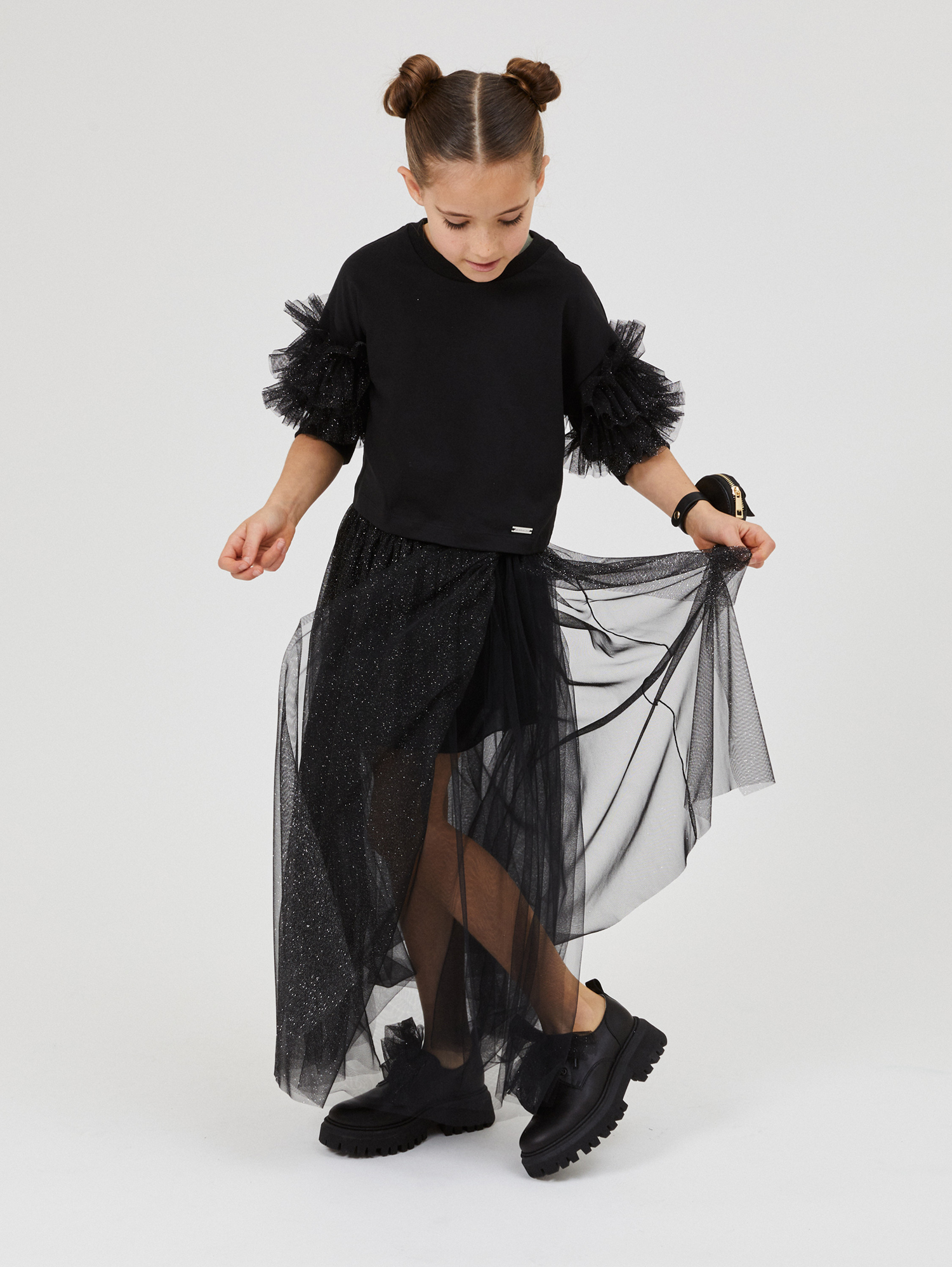 Monnalisa Long Lurex Knit Skirt In Black + Silver