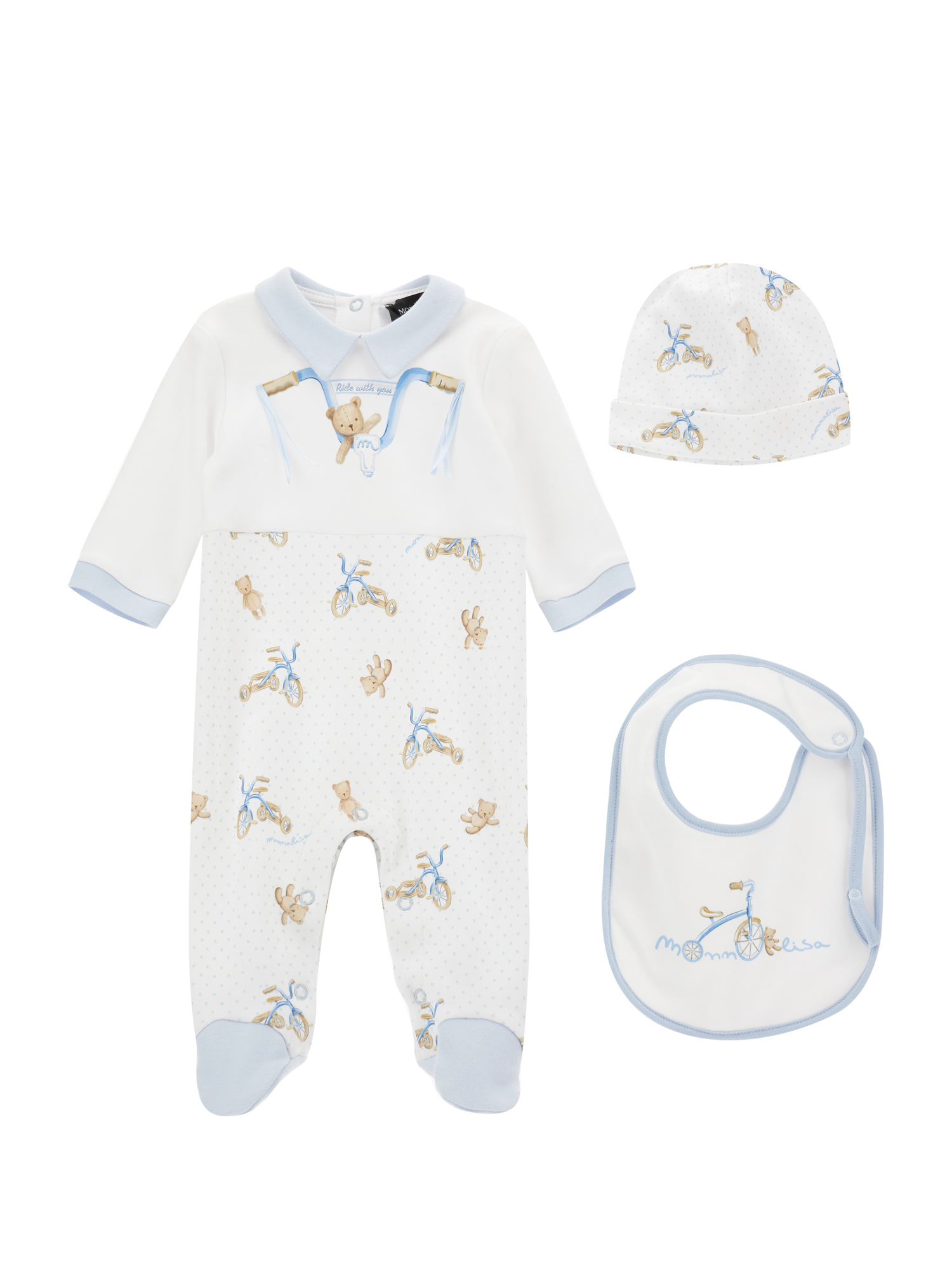Monnalisa Babies'   Newborn Three-piece Set In Cream White + Sky Blue