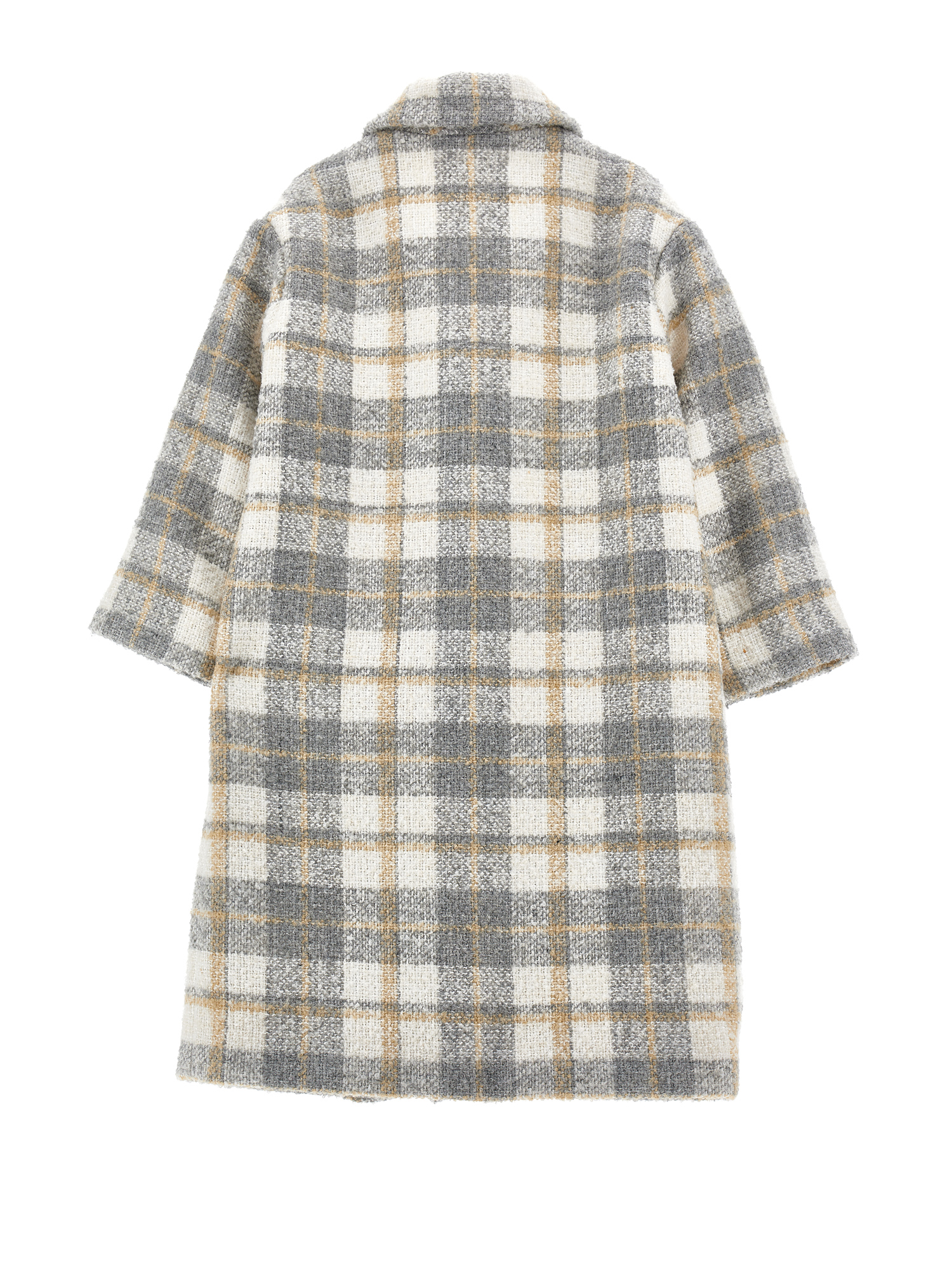 Monnalisa Single-breasted Plaid Coat In Cream + Grey