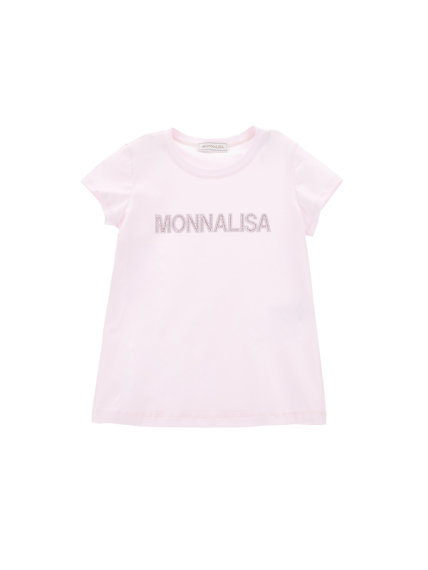 Monnalisa Kids'   Cotton T-shirt With Rhinestone Logo In Dusty Pink Rose