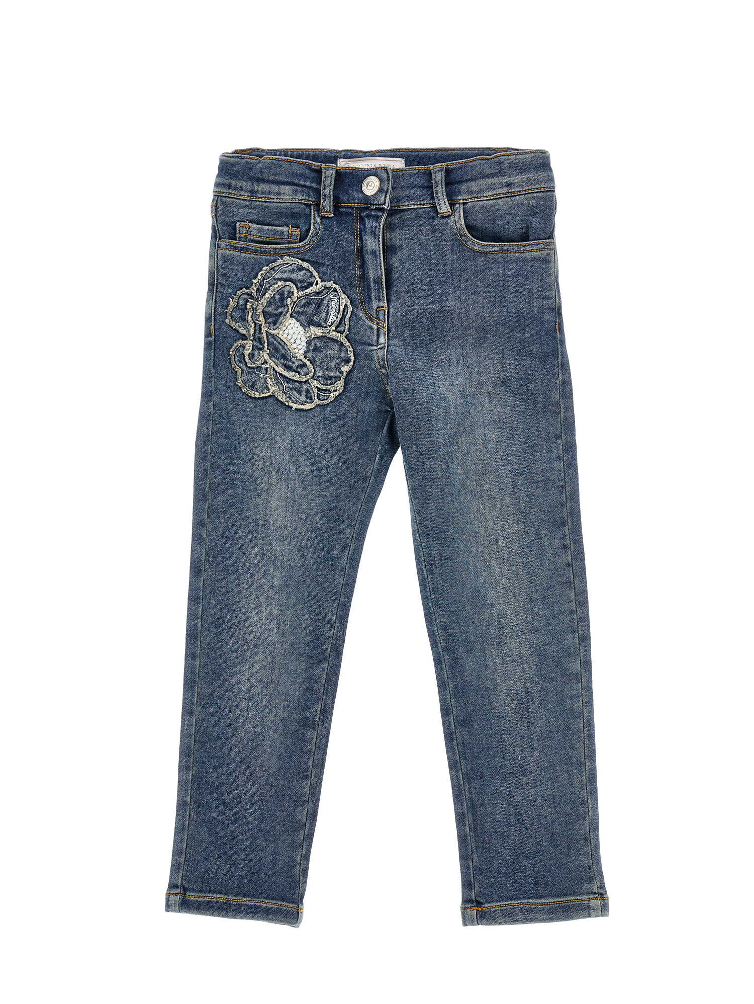 Monnalisa Kids'   Embroidered Five-pocket Jeans In Denim Blue + Ecru