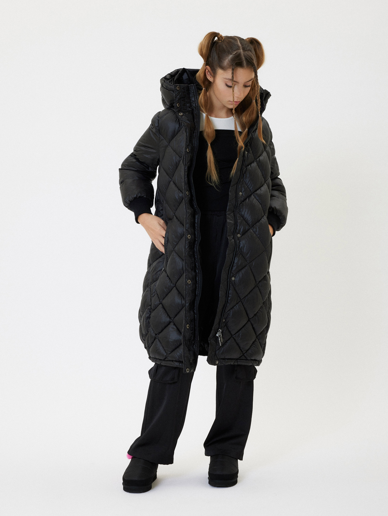 Monnalisa Long Padded Satin-style Jacket In Black