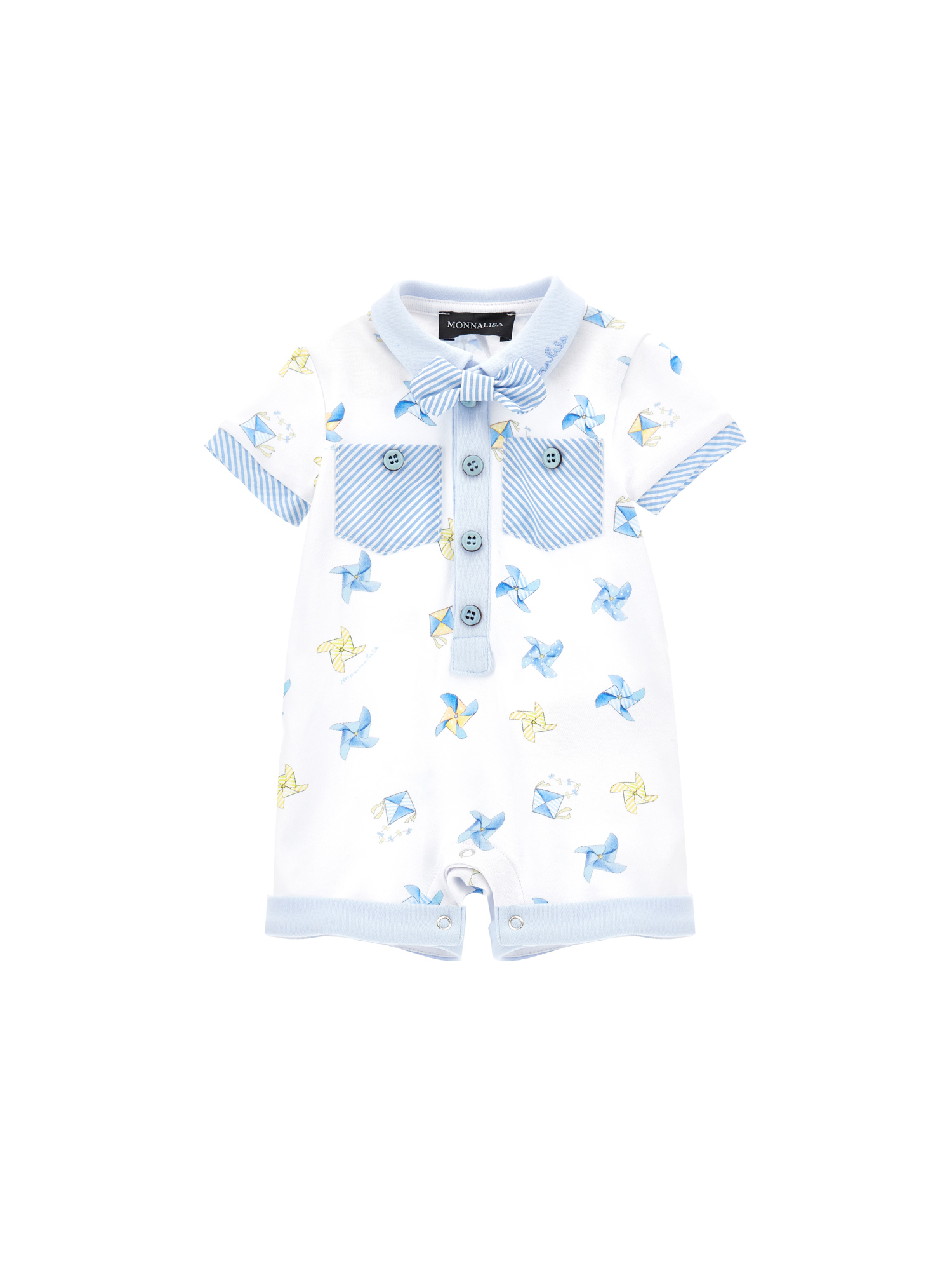 Monnalisa Kids'   Cotton Romper With Bow Tie In Cloud + Light Yellow