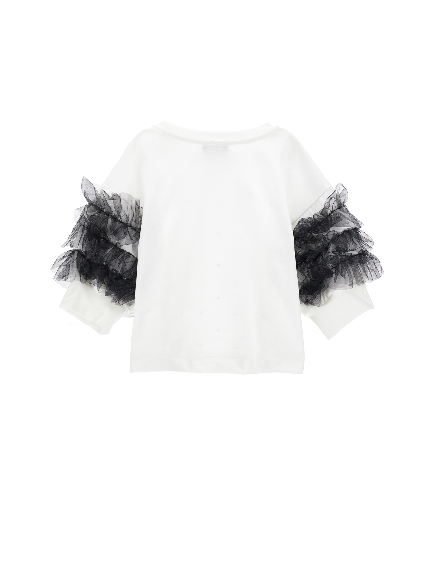 Monnalisa Rhinestone And Tulle Jersey Top In Cream + Black