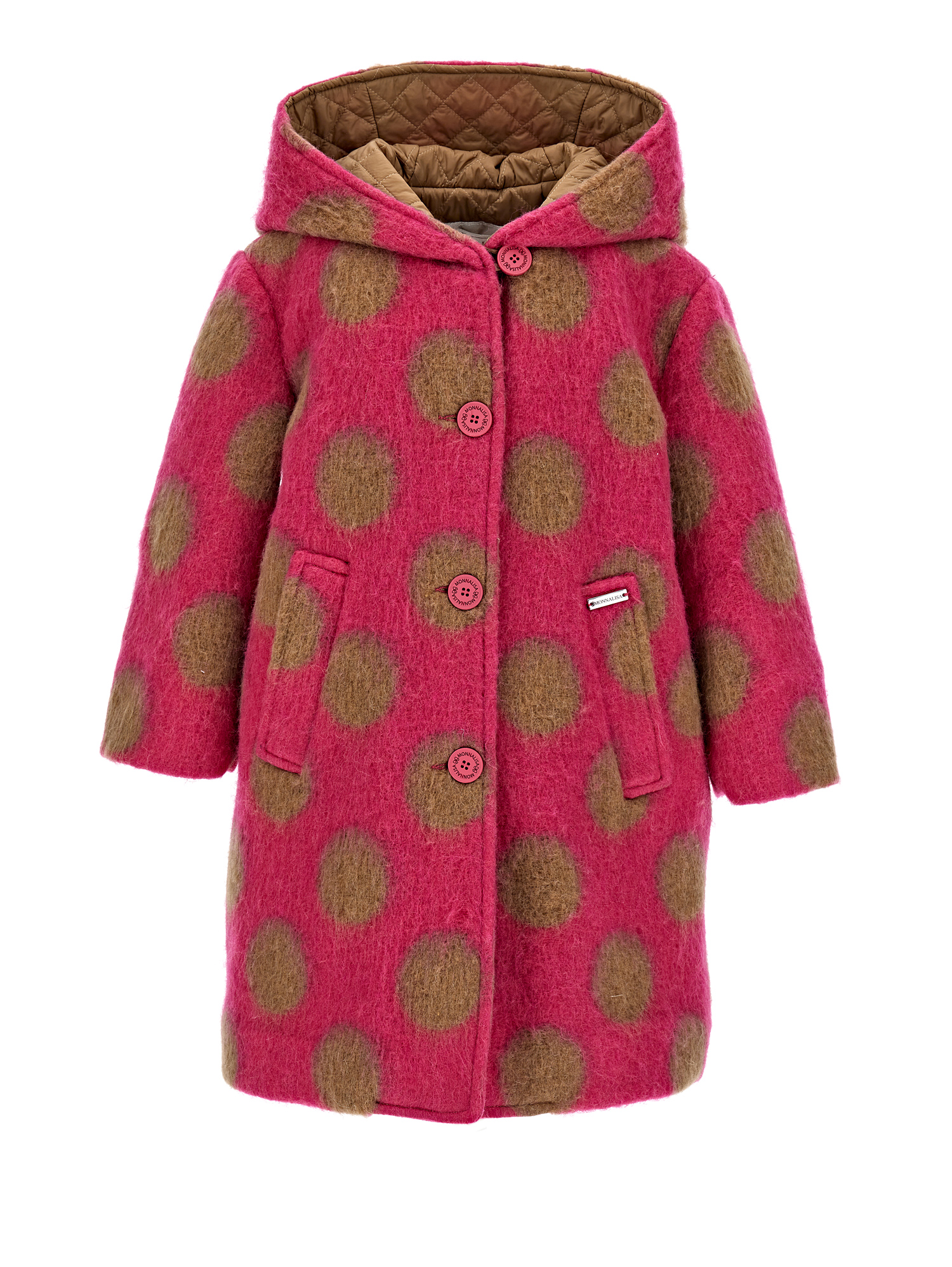 Monnalisa Polka Dot Boiled Wool Coat In Fuchsia + Ecrù