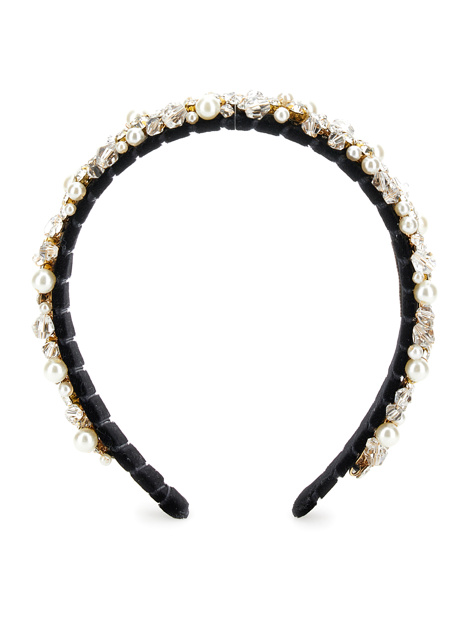 Monnalisa Velvet Headband With Rhinestones And Pearls In Black