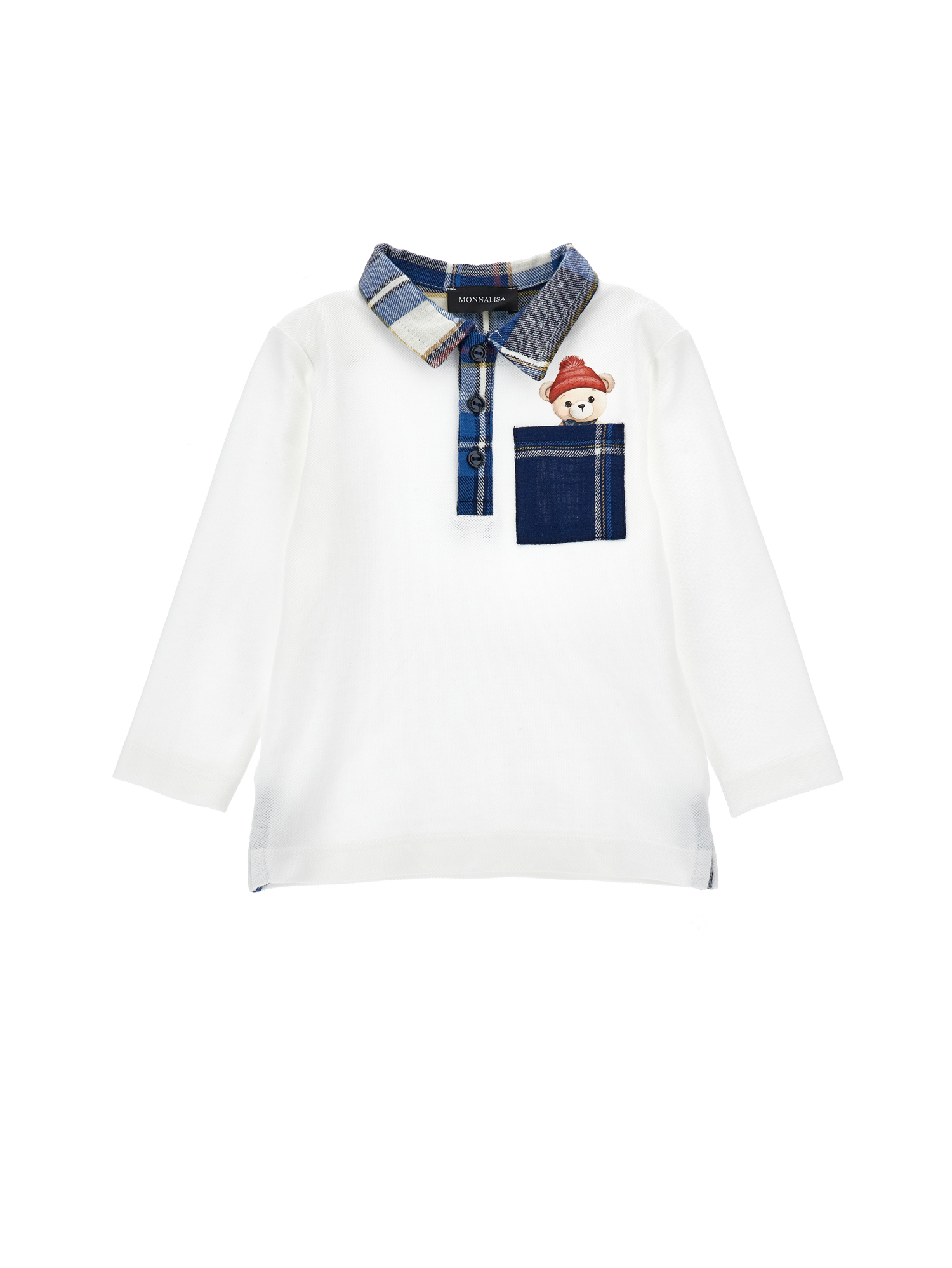 Monnalisa Piquet Polo Shirt With Teddy Bear In Cream