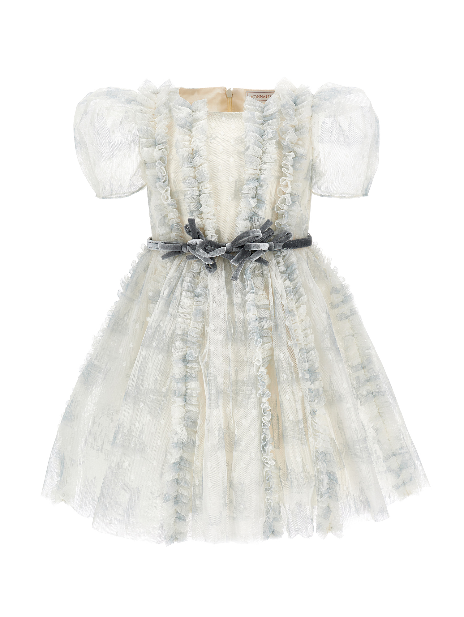 Monnalisa Tulle Dress With Ruffles And Polka Dots In Grey + Beige